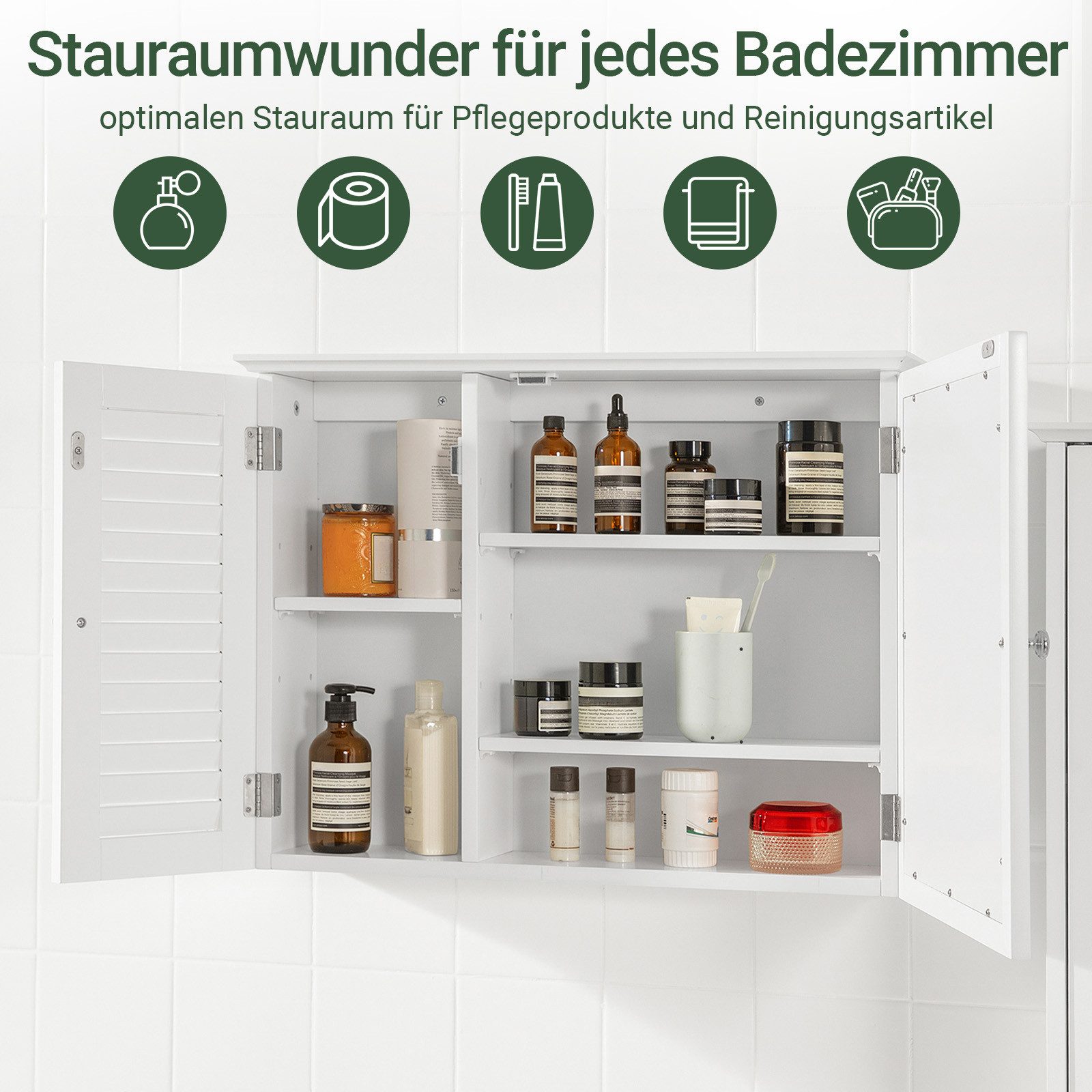 SoBuy Badezimmerspiegelschrank BZR55, Spiegelschrank Hängeschrank, Badezimmerschrank mit Spiegel mit Lamellentür, Wandschrank mit Spiegeltür, Verstellbare Regale