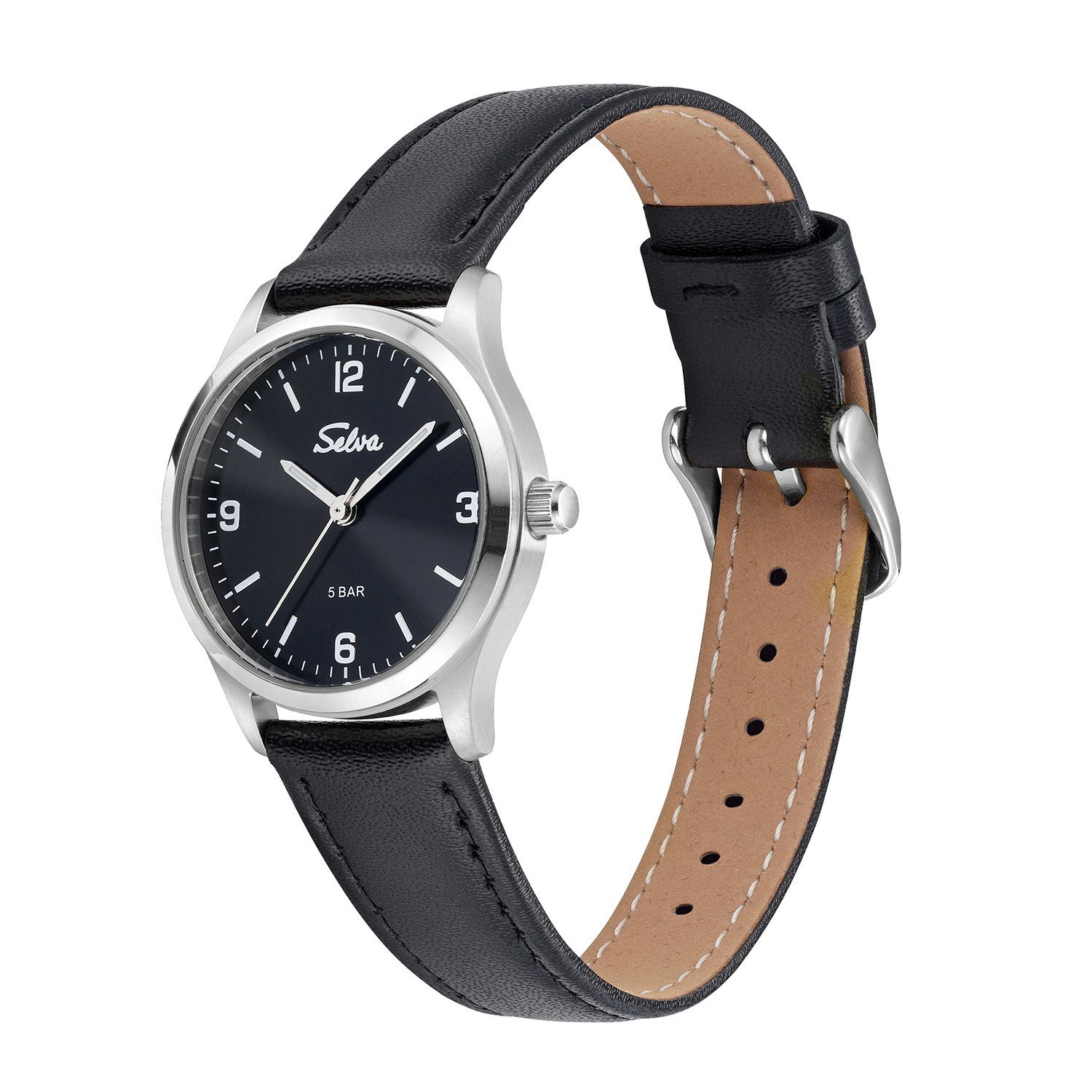 Technik Quarz-Armbanduhr schwarz mit Zifferblatt SELVA Selva Lederband Ø 27mm Quarzuhr