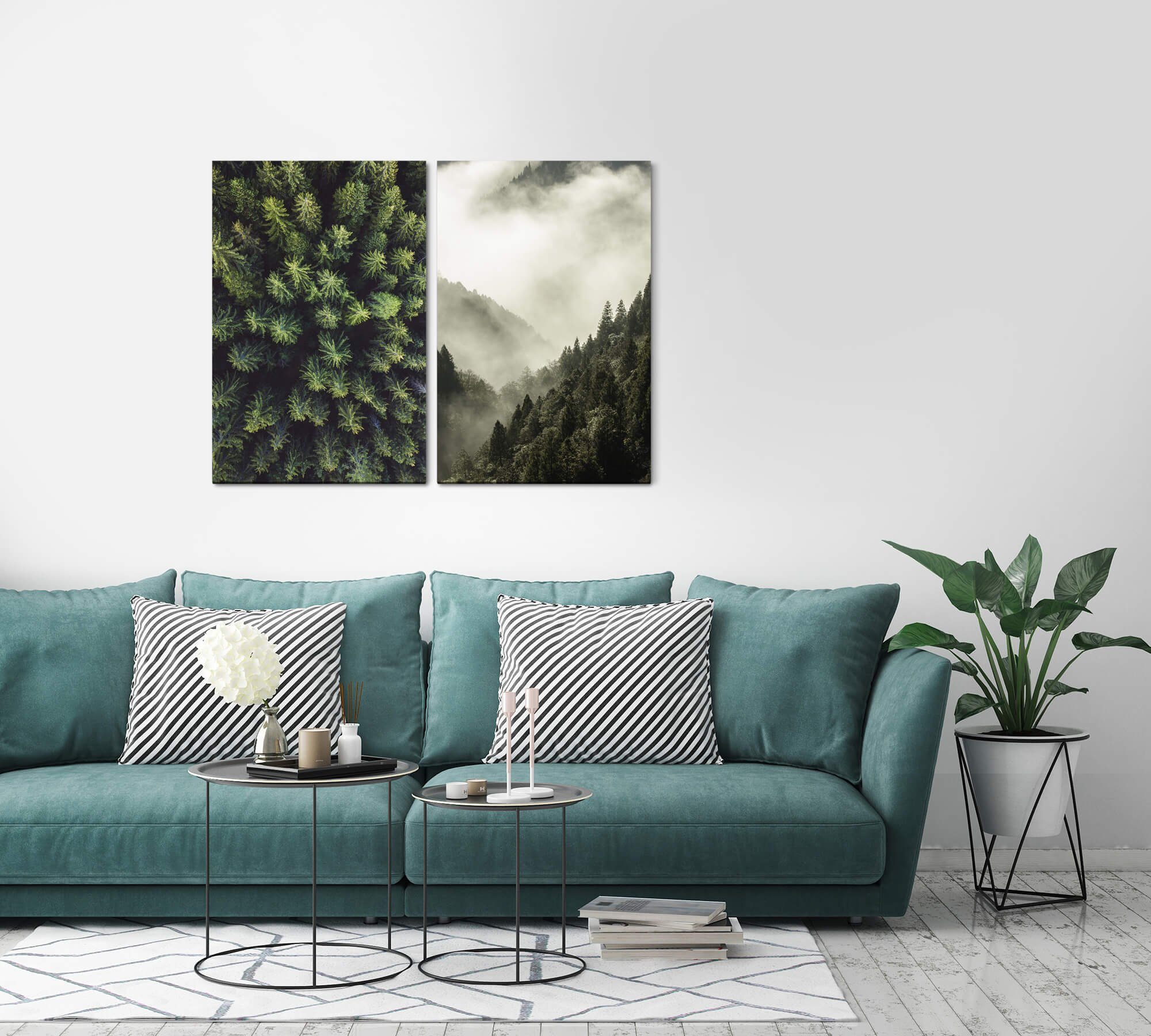 Sinus Art Leinwandbild 2 Bilder je 60x90cm Tannenwald Tannen Vogelperspektive Nebel Wolken Natur Eintracht