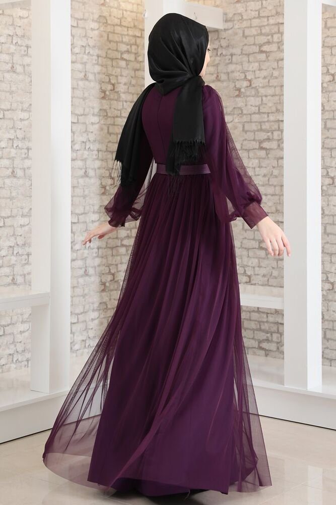 mit Gürtel Abaya Modavitrini Abiye Tüllkleid Maxikleid Violett langärmliges Damen Abendkleid Hijab Kleid