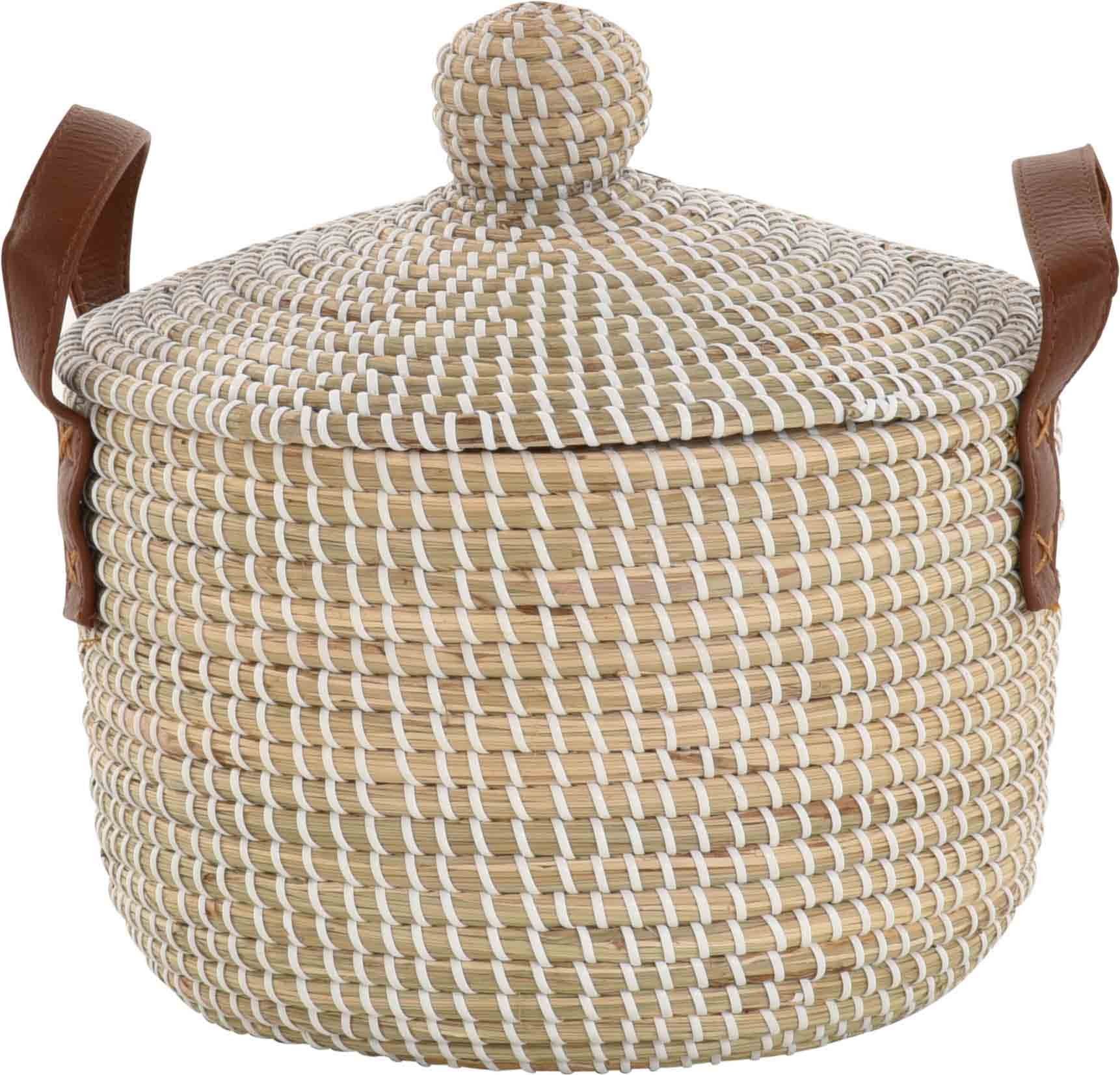 Krines Home Aufbewahrungskorb Handgearbeiteter Seegras Dekokorb mit Deckel Aufbewahrung Flechtkorb, Korb Natur mit weißen Wicklungen Rund (Hell Natur, Rund) – Bild 2 von 5