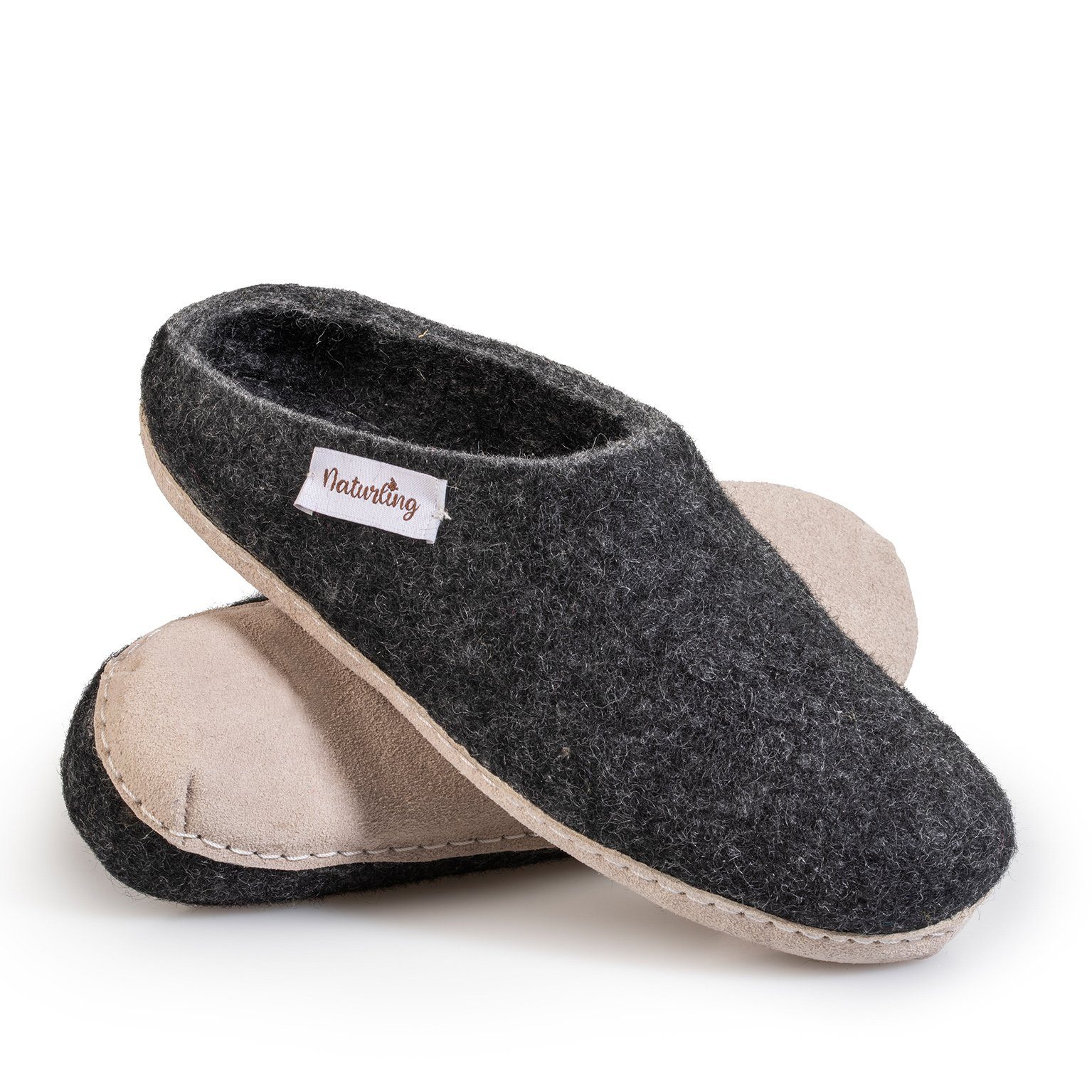 naturling Filz Damen Pantoffel Hausschuh (mit bequemer) Ledersohle