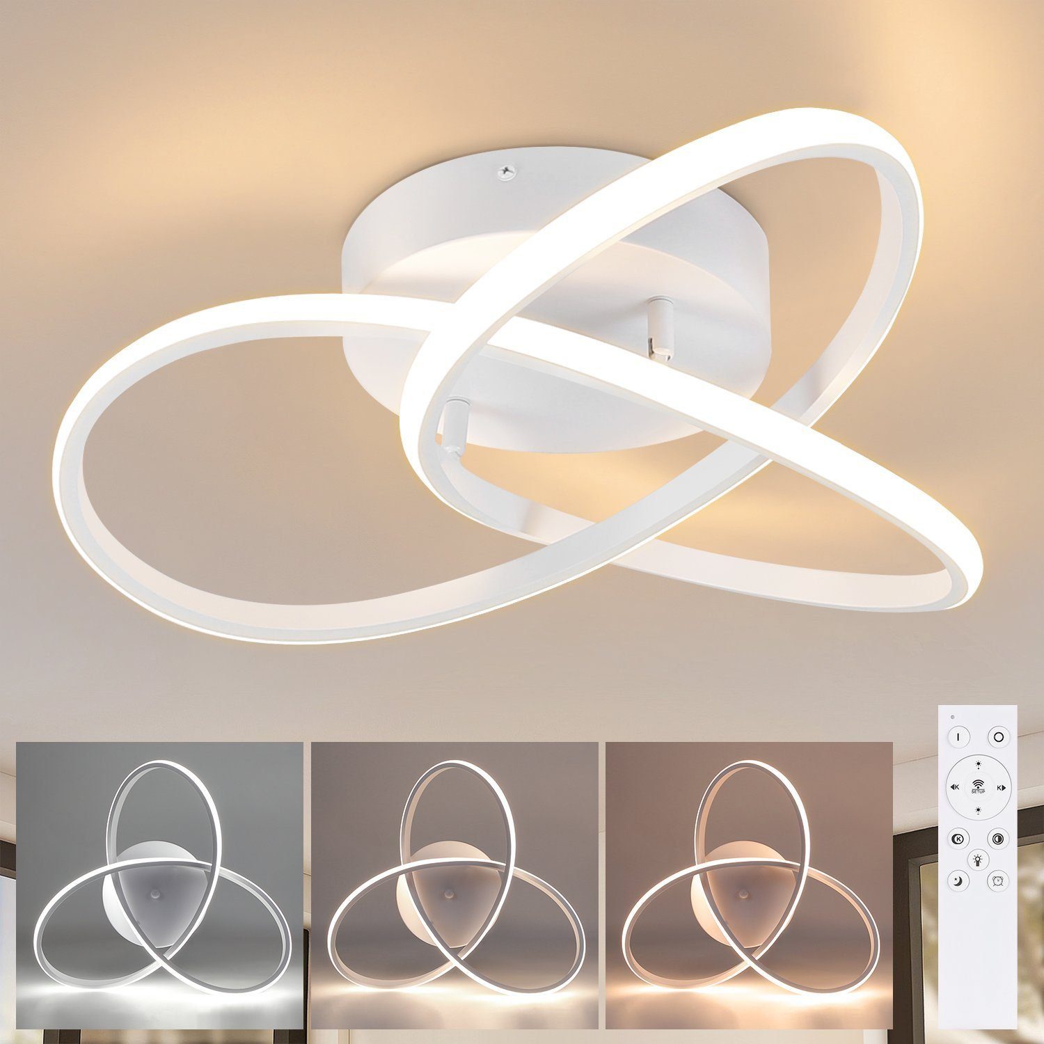 ZMH LED Deckenleuchte 3 Blatten verflochten modern Design für Schlafzimmer, LED fest integriert, 3000-6000k, ‎Dimmbar, Mit Fernbedienung