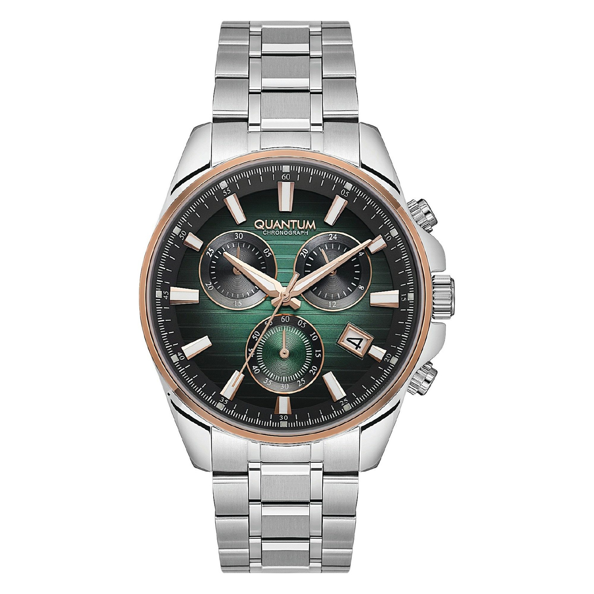 QUANTUM Chronograph Herrenuhr Edelstahl, 43 mm, Herren Armbanduhr, 10 ATM wasserdicht dunkelgrünes Zifferblatt, silber-roségold – PWG1122.570, (1-tlg), Datum, Mineralglas, inkl. Geschenkbox