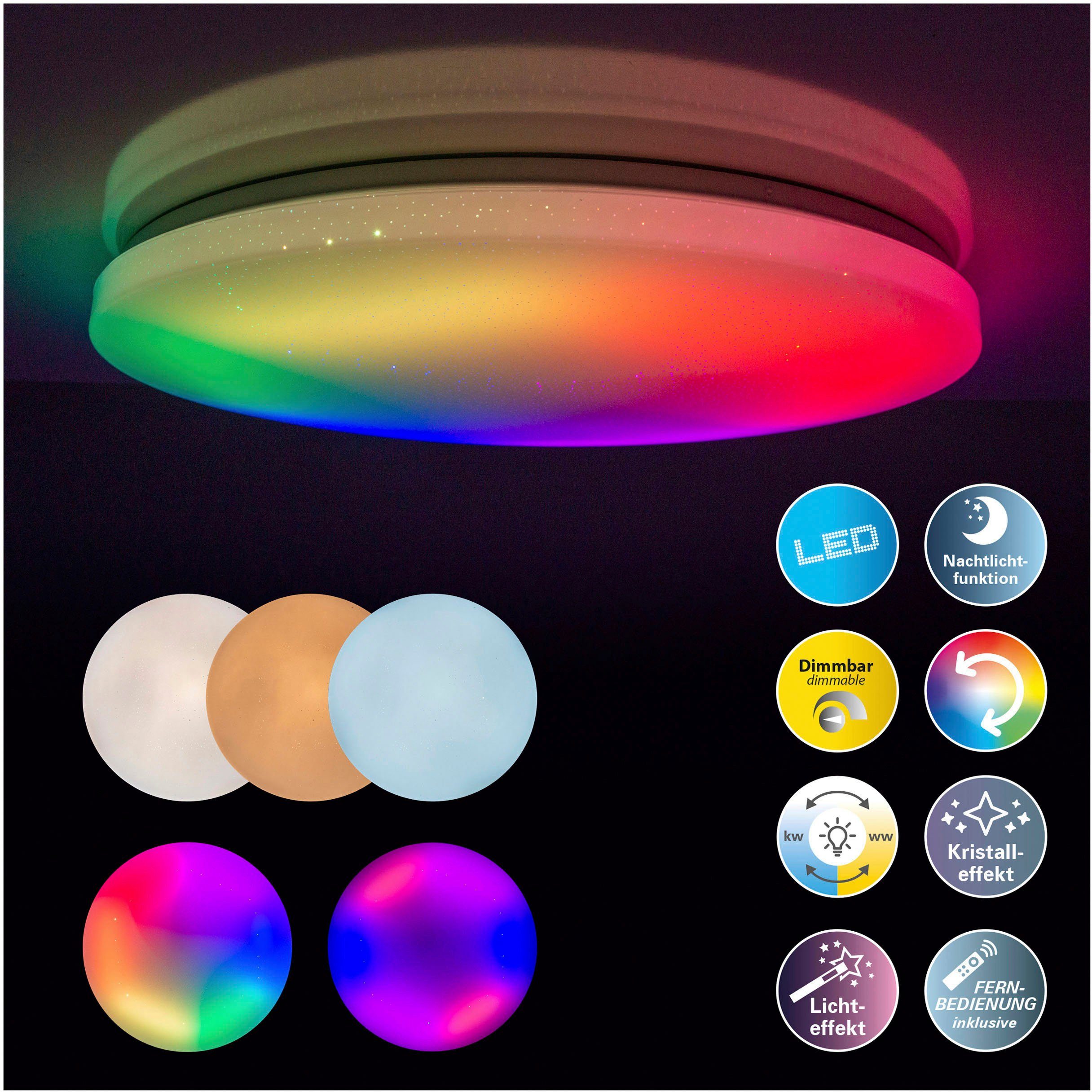 näve LED Deckenleuchte Rainbow, CCT - über Fernbedienung, Dimmfunktion, Farbwechsel, Fernbedienung, Infrarot inkl., RGB, LED fest integriert, Kaltweiß, Neutralweiß, RGB, Warmweiß, Kristalleffekt, dimmbar, Nachtlicht, CCT, Farbwechsler, Fernbedienung