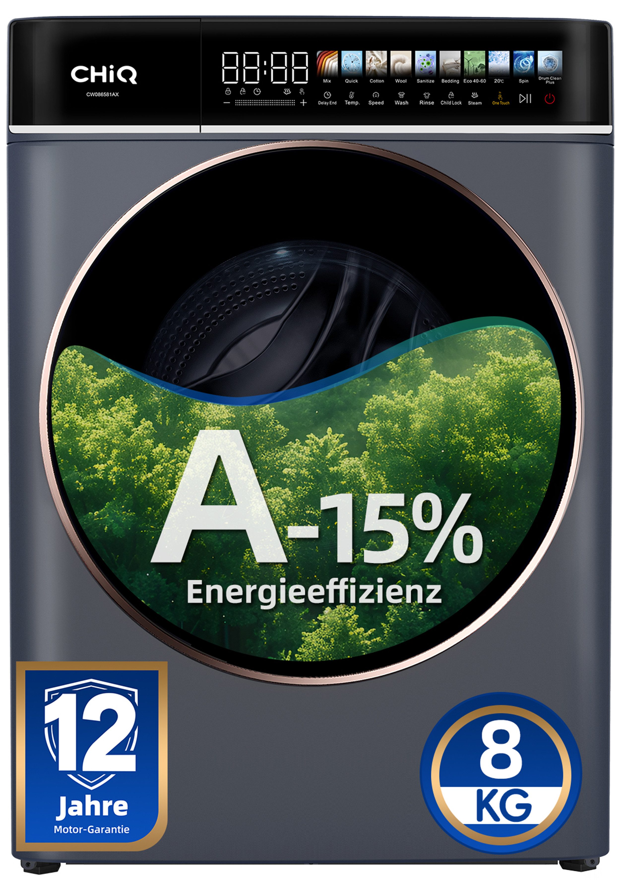 CHiQ Waschmaschine mit LED-Touch-Display CW086581AX, 8 kg, 1400 U/min, 15 Min. Schnell, EEK A-15%, 12-Jahre-Garantie auf Kompressor