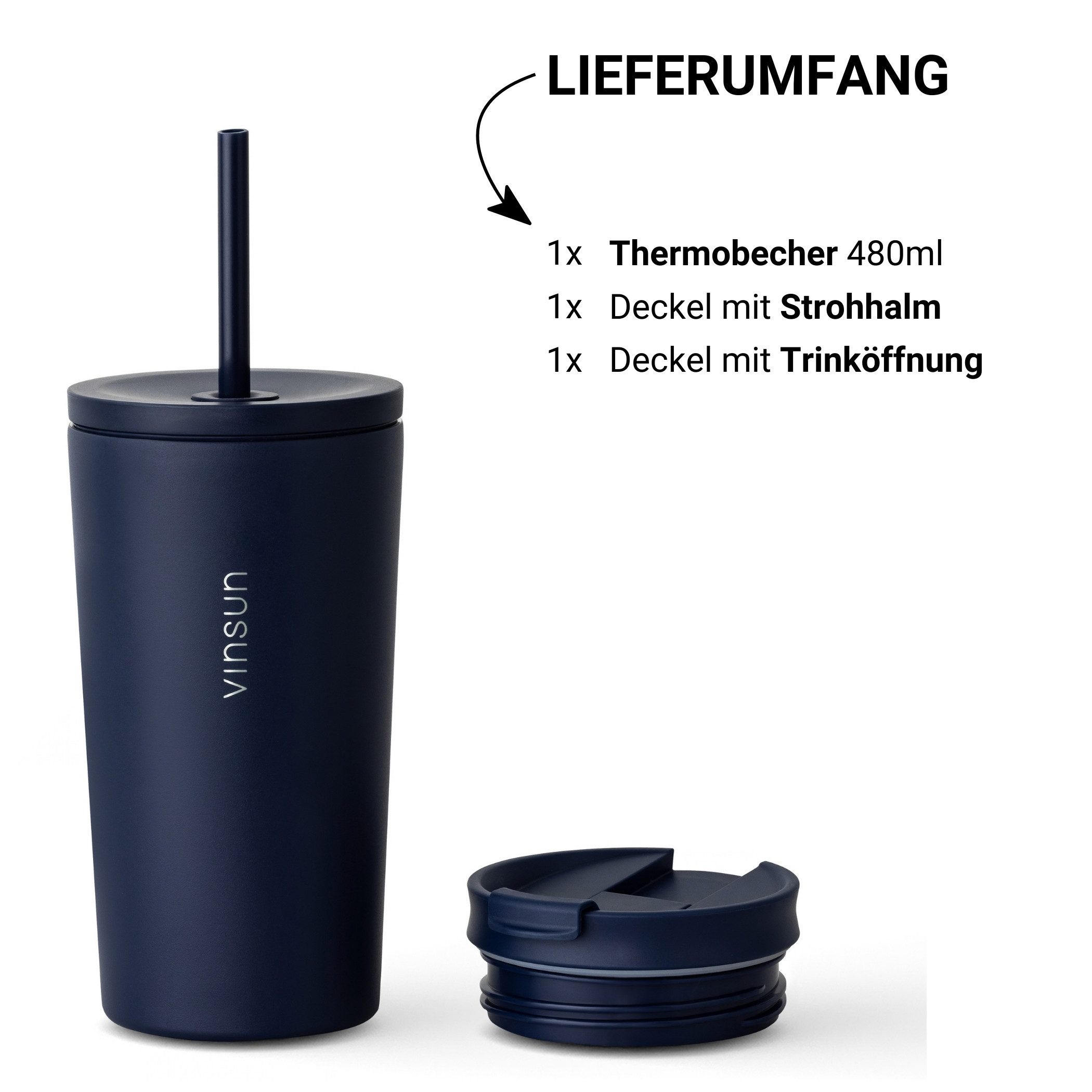Vinsun Thermobecher Edelstahl Becher mit Strohhalm 480ml - Isolierbecher auslaufsicher, 4-tlg., Edelstahl, Doppelwandig isoliert, BPA frei, bruchfest, Kalt- und – Bild 4 von 5