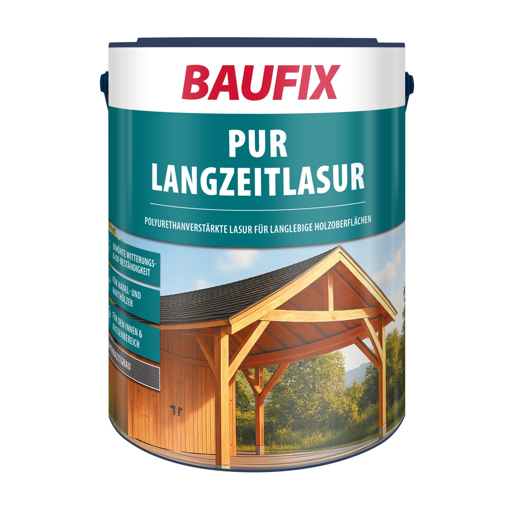 Baufix Holzschutzlasur PUR Langzeitlasur seidenmatt, 5 Liter für ca 50m², Holzlasur für innen & außen, Verkleidungen, Carports & Fachwerk