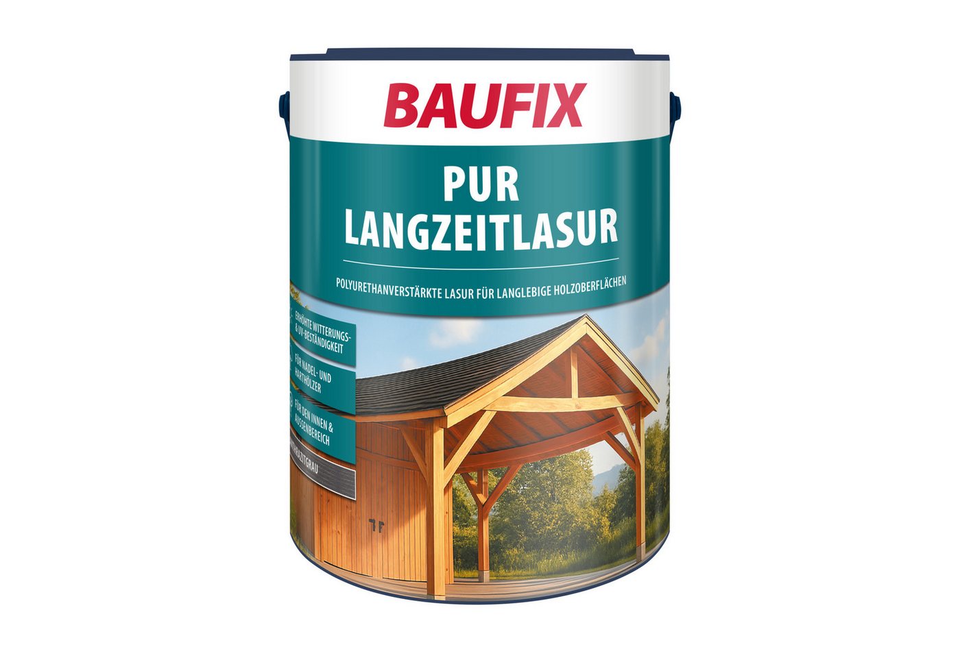 Baufix Holzschutzlasur PUR Langzeitlasur seidenmatt, 5 Liter für ca 50m², Holzlasur für innen & außen, Verkleidungen, Carports & Fachwerk