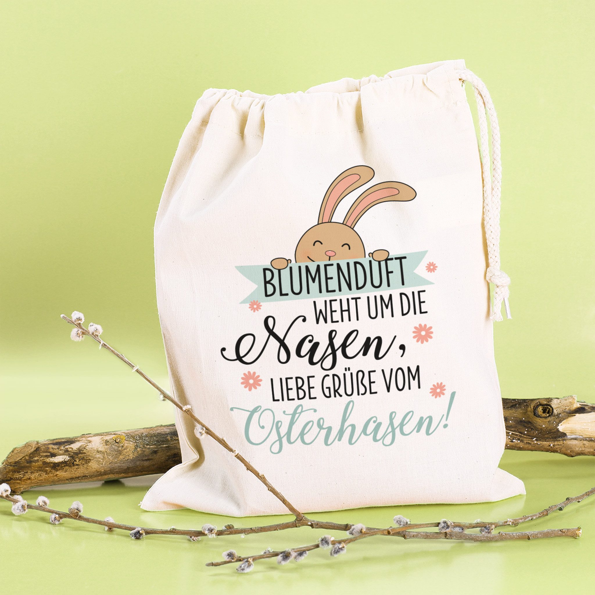 Herz & Heim Beuteltasche Geschenksack zu Ostern – Stoffbeutel aus Baumwolle mit Oster-Motiv, mit Kordelzug