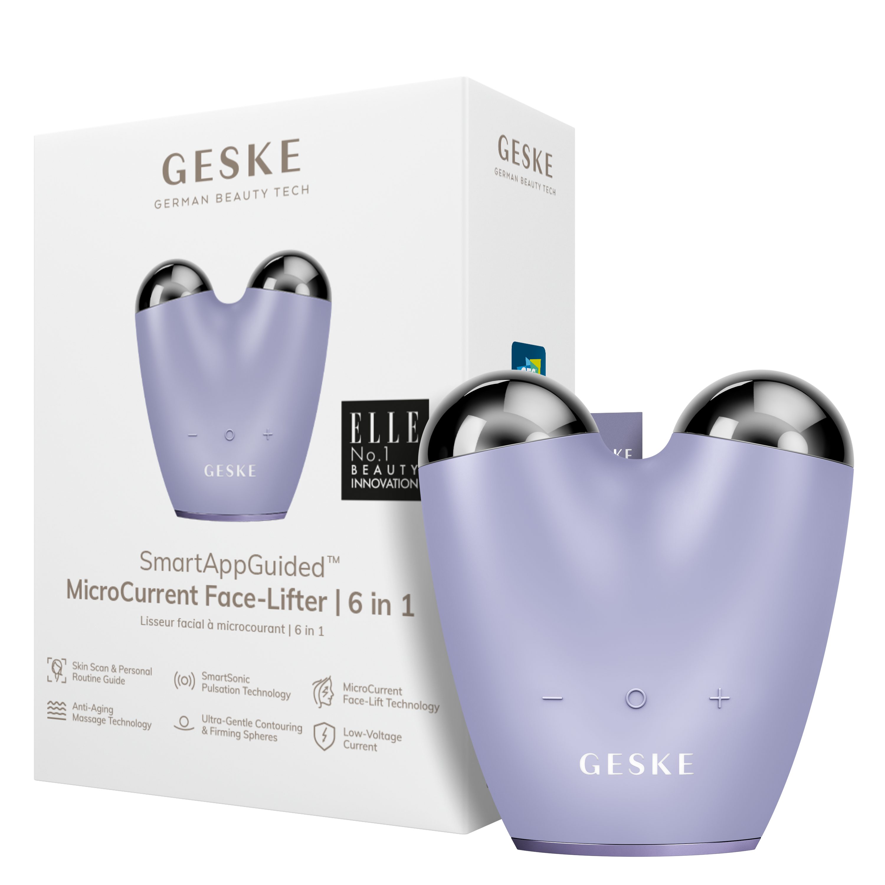 GESKE German Beauty Tech Enhancer SmartAppGuided™ MicroCurrent Face-Lifter 6 in 1, Packung (Gerät & USB-Ladekabel), 2-tlg., Gerät inkl. kostenloser APP (SmartAppGuided Device), Mit der GESKE App erhältst Du deine personalisierte Hautpflegeroutine. Purple