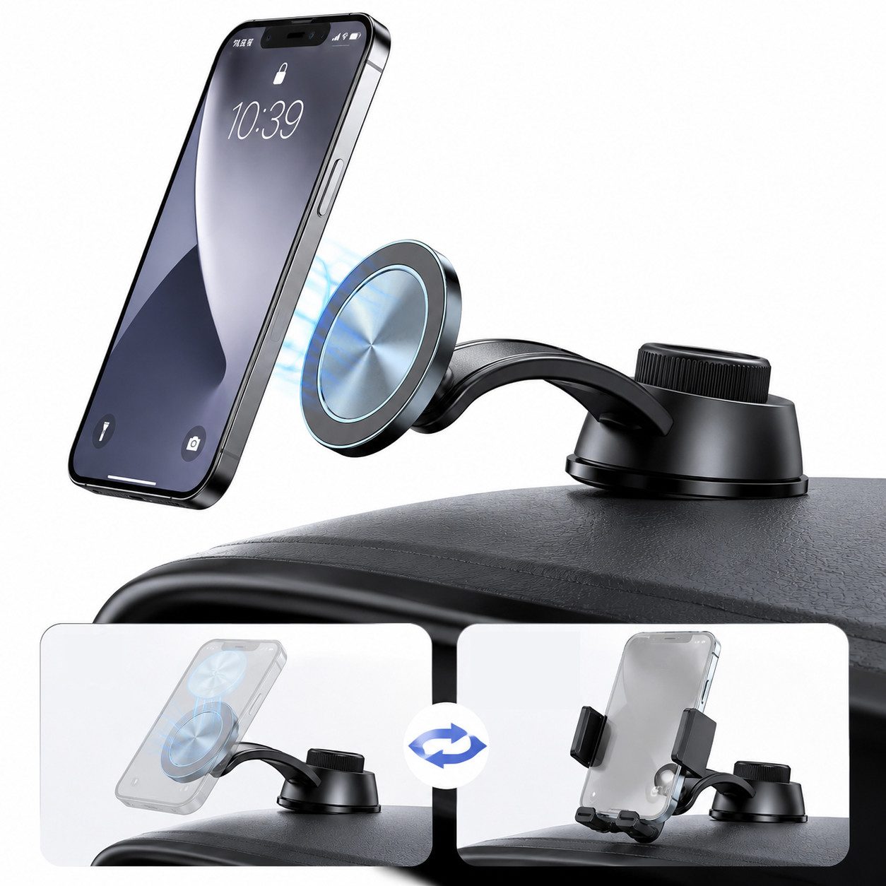 Vornix Smartphone-Halterung 2-in-1 Autohandyhalter mit Vakuum-Saugnapf, (Magnetisch & Klemmhalterung, flexibler Biegearm, 360° drehbar, Handyhalter Armaturenbrett für alle Smartphones & Fahrzeuge)