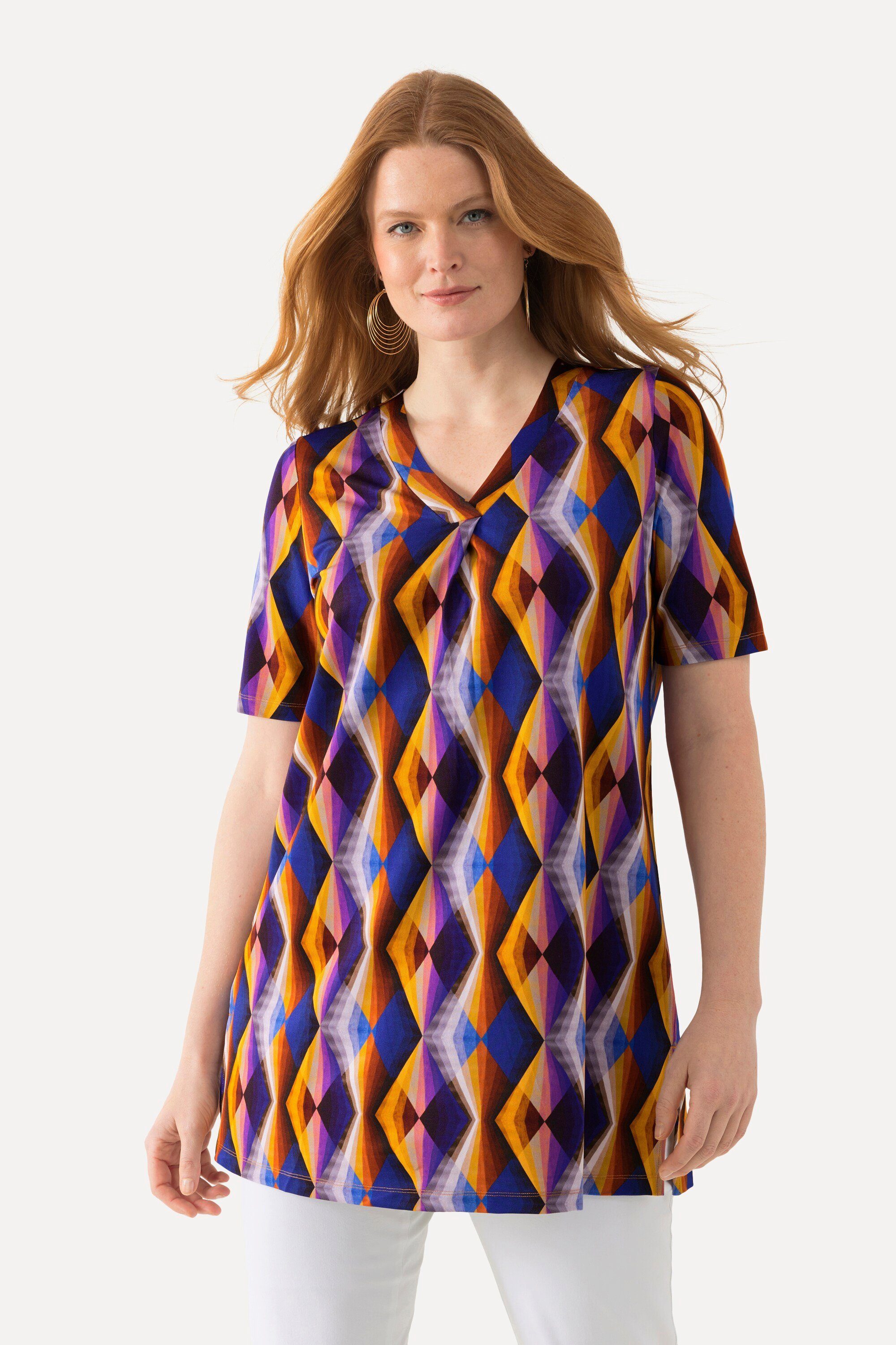 T-Shirt Slinkyshirt Zierfalte A-Linie V-Ausschnitt Halbarm