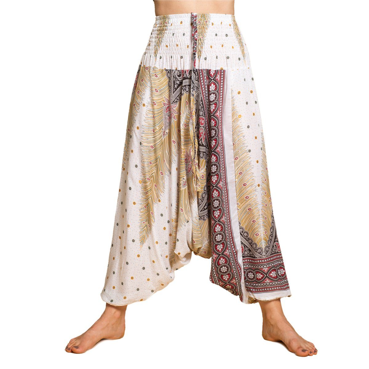 PANASIAM Pumphose Aladinhose im schönen Peacock Design Haremshose aus 100% natürlicher Viskose auch als Overall tragbar Damen Pumphose bequeme Freizeithose
