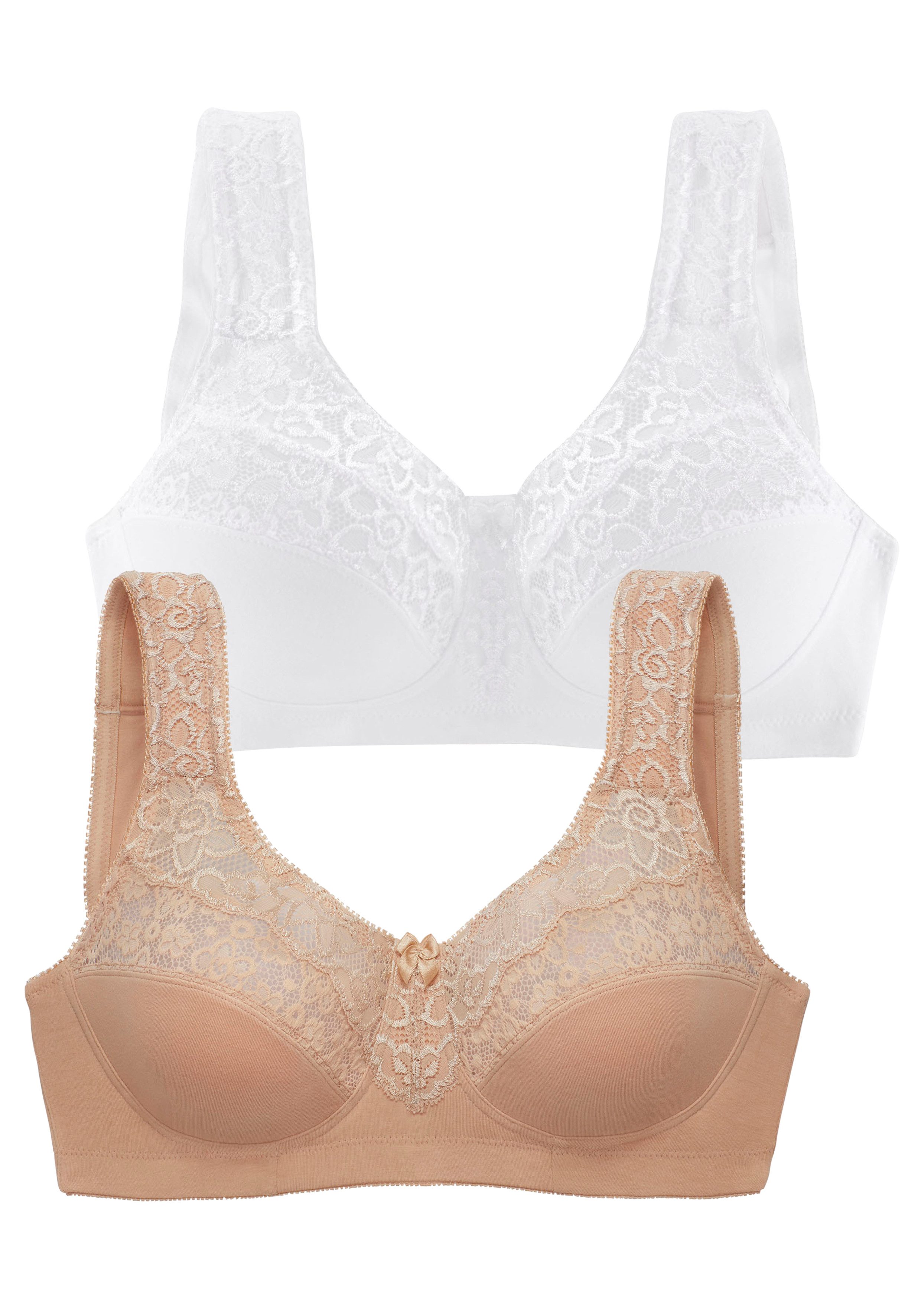 petite fleur by Lascana Entlastungs-BH, BH ohne Bügel, bügelloser BH, Komfort-BH, Baumwoll-BH (Packung, 2 Stück) mit breiten Trägern & Spitzeneinsätzen, große G – Bild 2 von 5