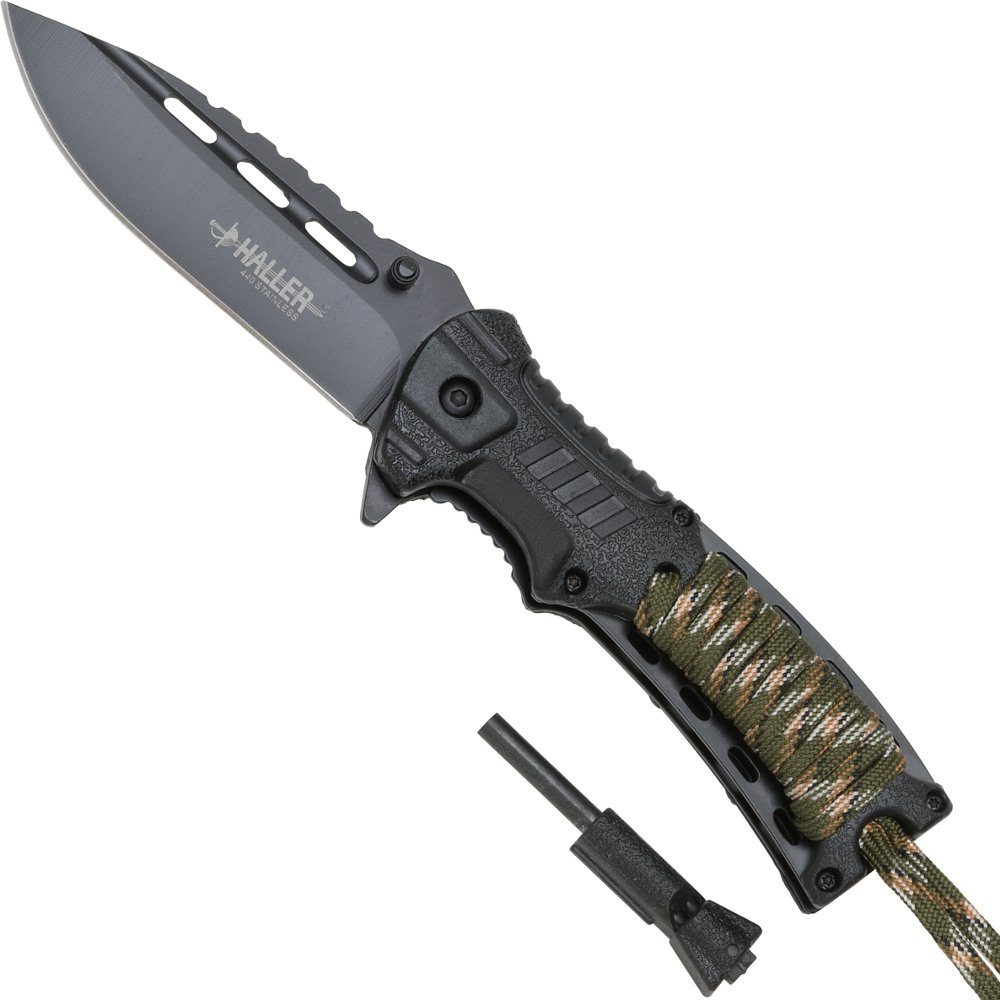 Haller Messer Taschenmesser Einhandmesser mit Camo-Wicklung Liner Lock, mit Feuerstarter und Clip
