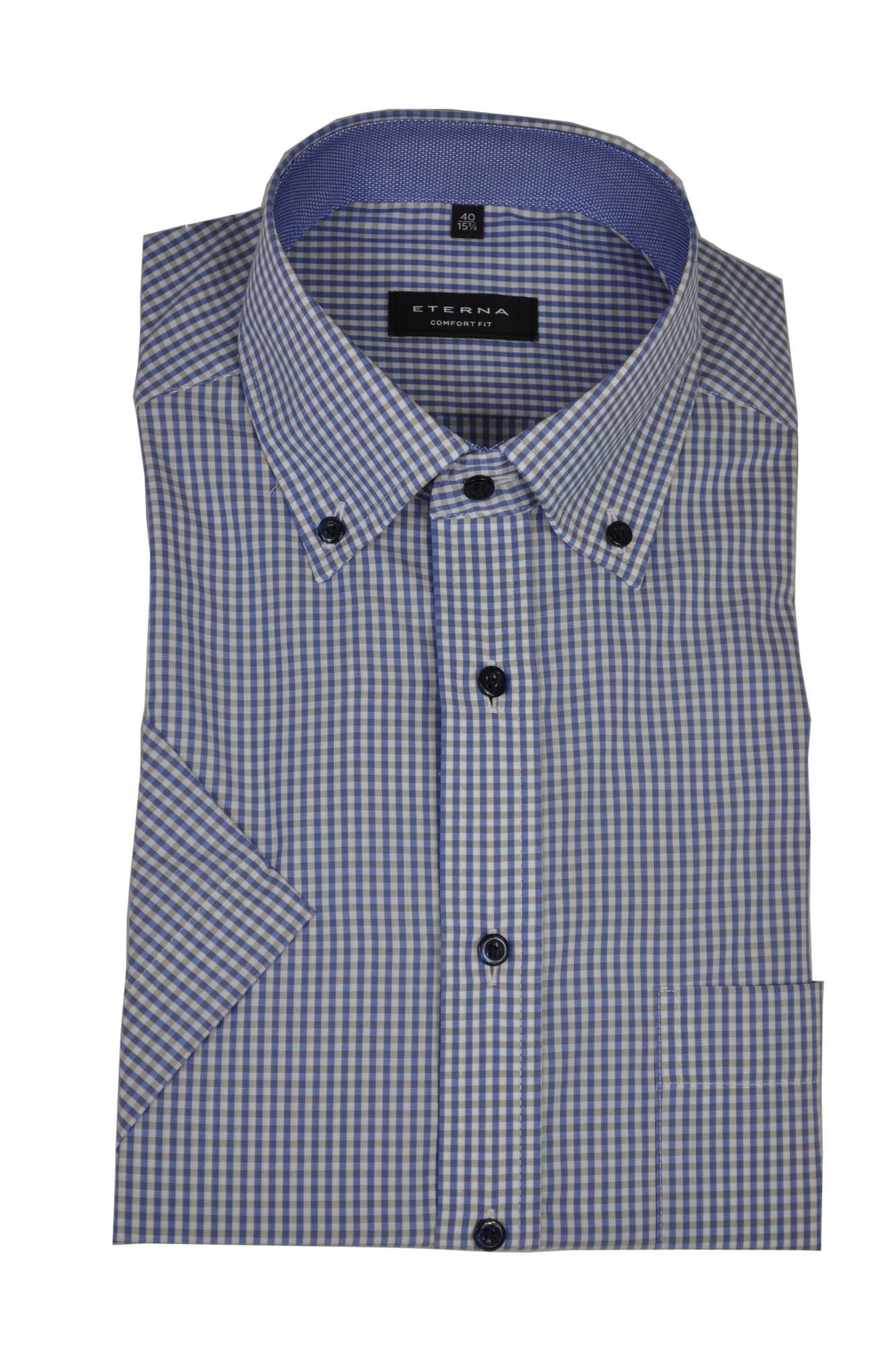 ETERNA Camicia Uomo Comfort Fit A Quadri Blu/Bianco - Colletto Button-Down, Maniche Lunghe, 100% Cotone, Taglia 48