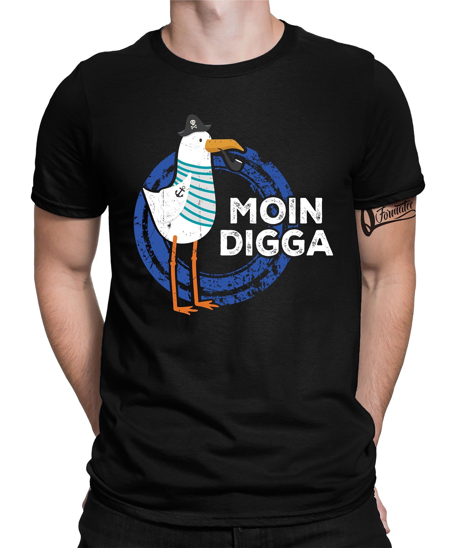 Quattro Formatee Kurzarmshirt Moin Hafen T-Shirt Möwe Digga Herren Schwarz Segeln - (1-tlg) Hamburg Vogel
