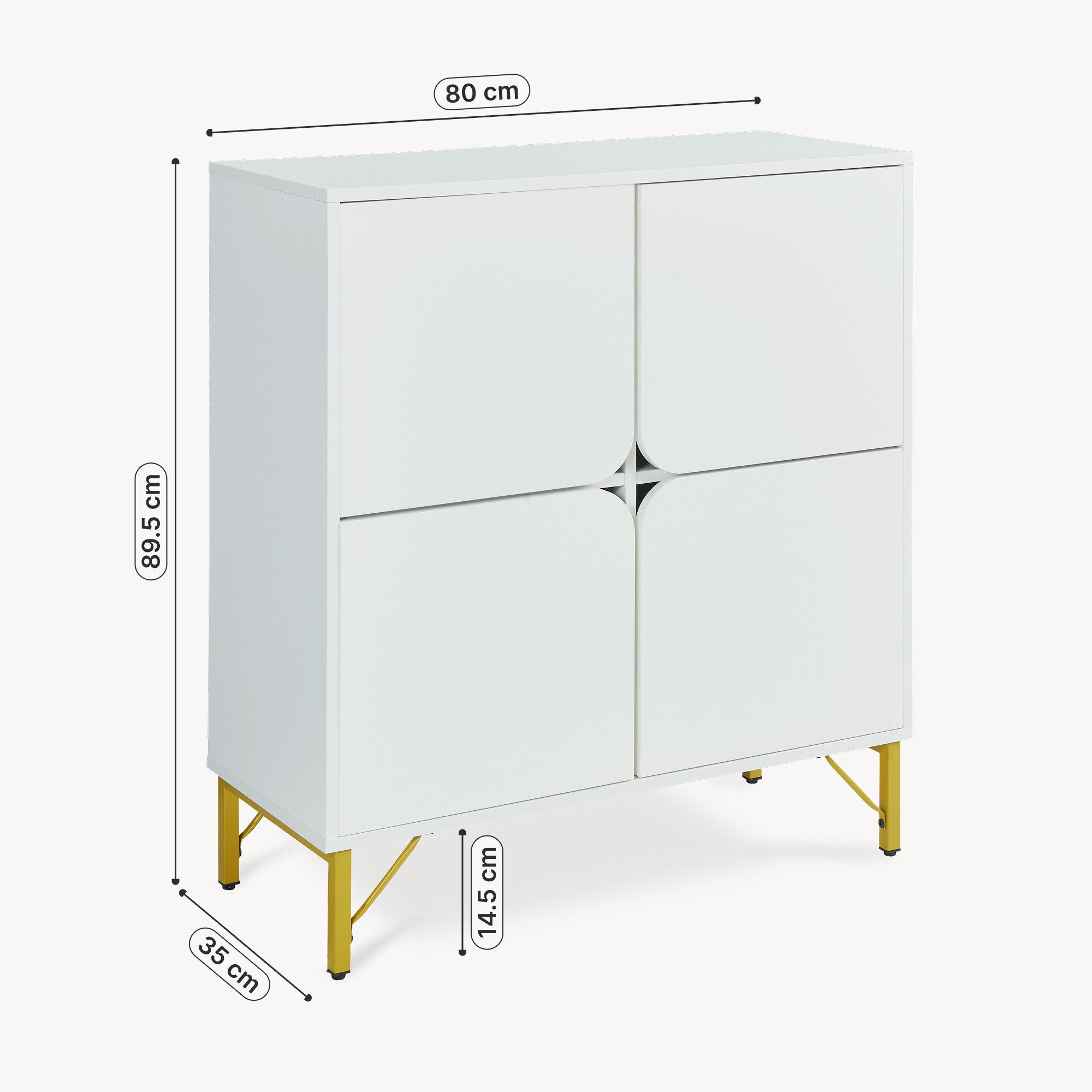 en.casa Sideboard, »Reyri« mit 4 Türen 90 x 80 x 35 cm Metallgestell Weiß/Goldfarben