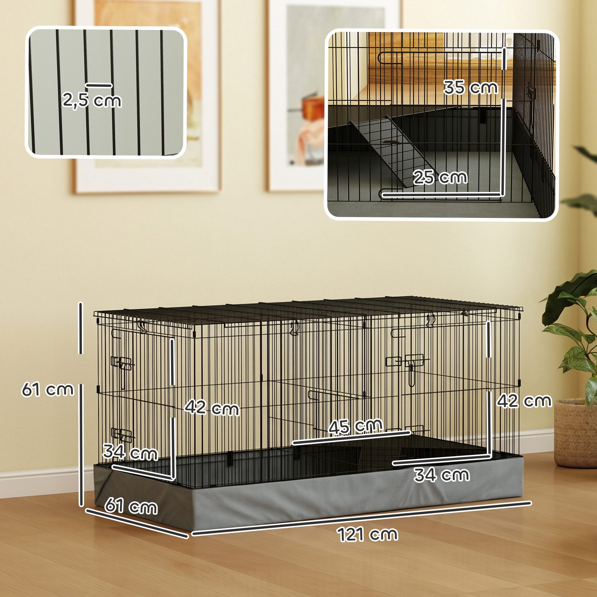 PawHut Kleintierkäfig mit Rampe, Trennwand, Nagerkäfig mit abnehmbarem Verdeck, Kaninchenkäfig für Kleintiere Stahl Schwarz