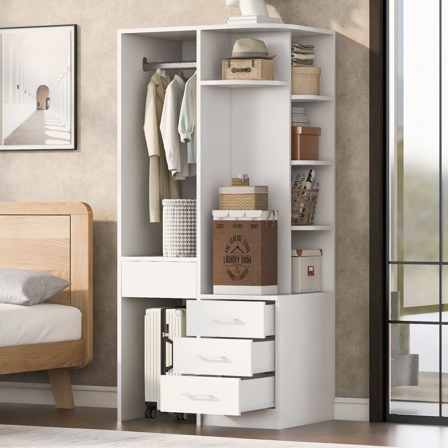 ANYSUN Kleiderschrank mit Kleiderstange und 4 Schubladen,Offener Kleiderbereich,70 cm breit (1-St., Schmaler Garderobenschrank für Schlafzimmer,70× 55×175 cm) Kleiderregal mit offenen Regalfächern,platzsparend,Viel Stauraum,Weiß