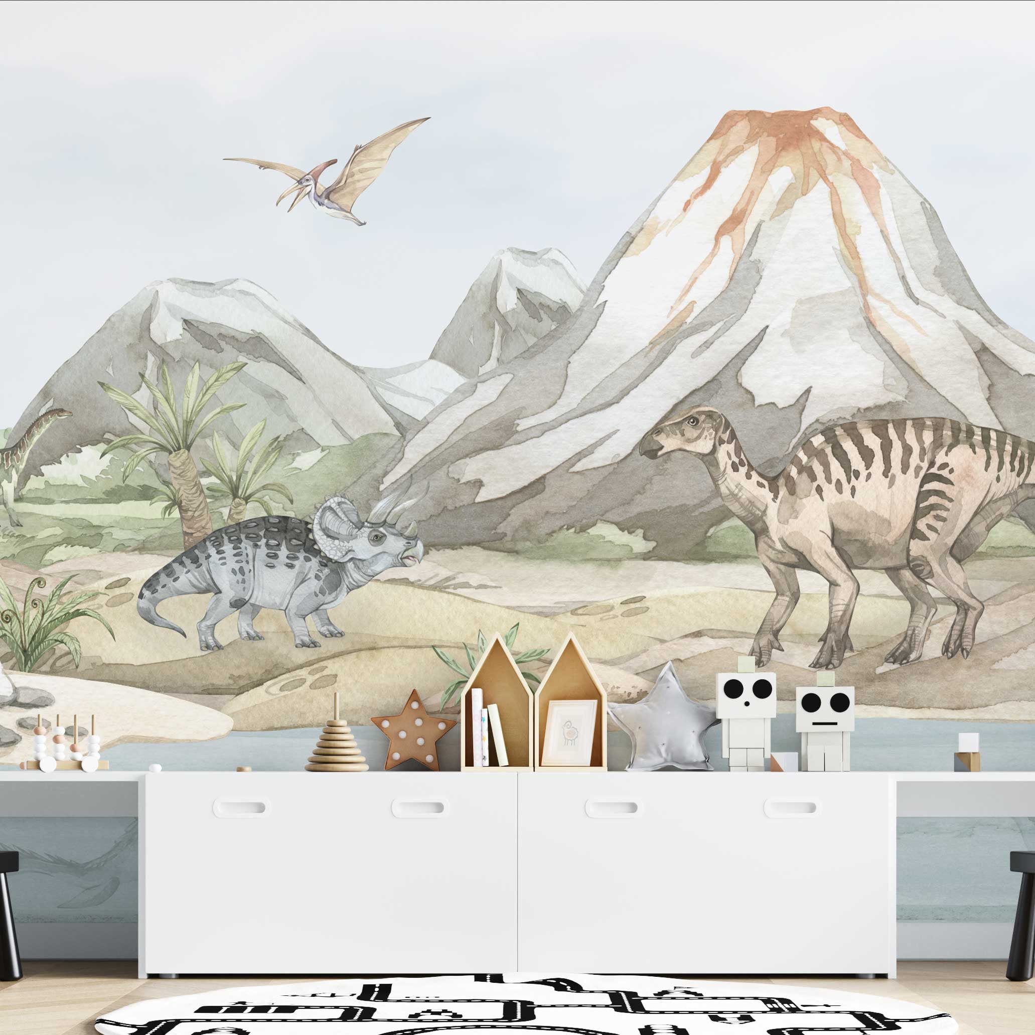 Unik Nordic Kindertapete Kindertapete Pastell Dinosaurier 150 x 250 cm, glatt, grafisch, (Komplettsatz für eine Wand, Vlies, Fototapete, ausdünstungsfreier Druck), Geeignet für alle typischen Oberflächen. Auch Decken oder Schrägen.
