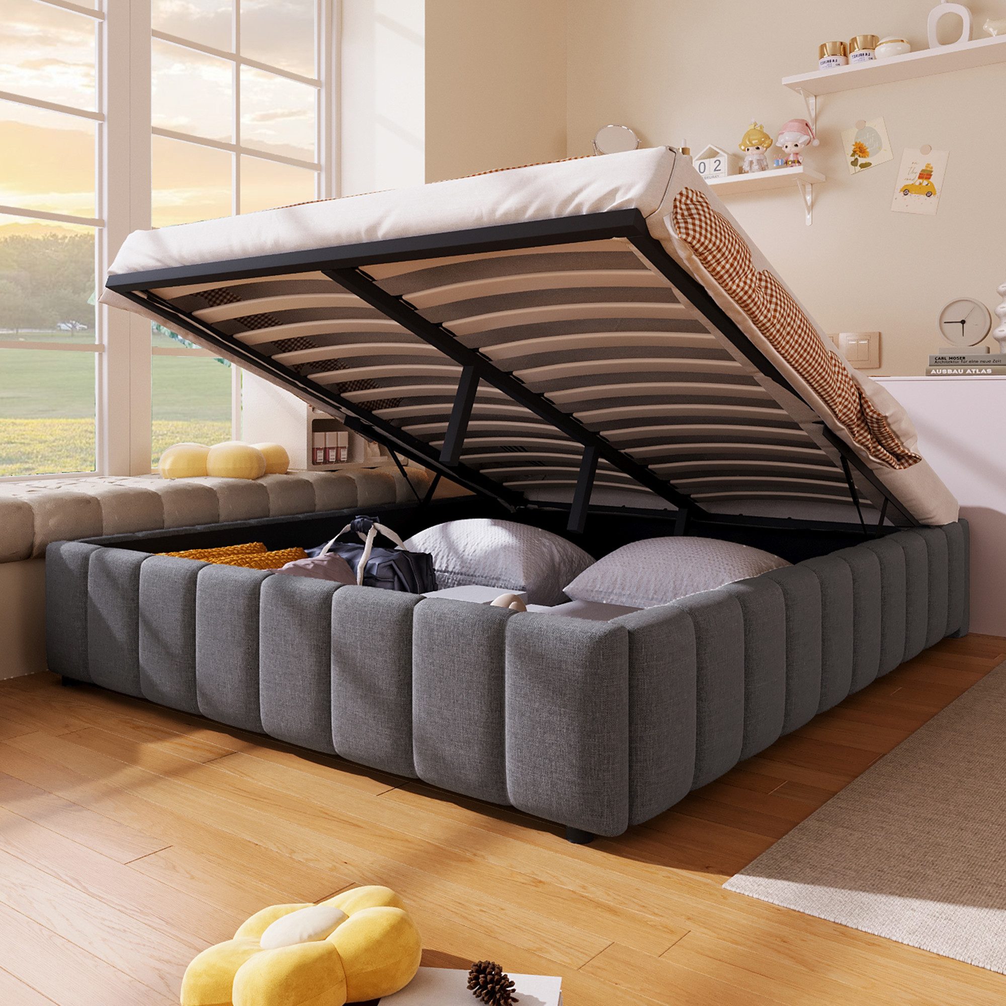 SOFTWEARY Futonbett (mit Lattenrost und Aufbewahrung, 140x200 cm), Doppelbe günstig online kaufen