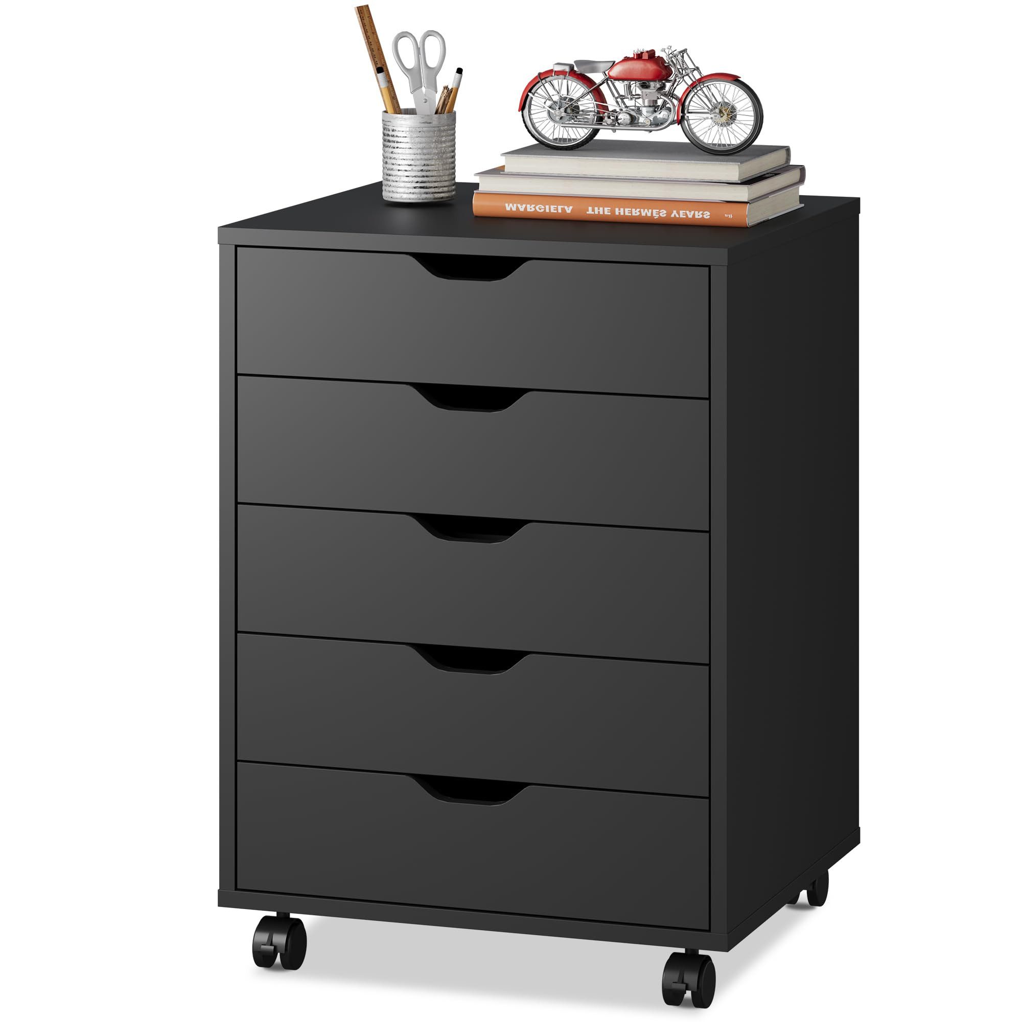 DEVAISE Aktenschrank Rollcontainer mit 5 Висувні ящики & Tür, Висувні ящикиschrank mit Rollen (47 x 40 x 65 cm) Aufbewahrungsschrank mit verstellbarem Regal für Büro und Home Office