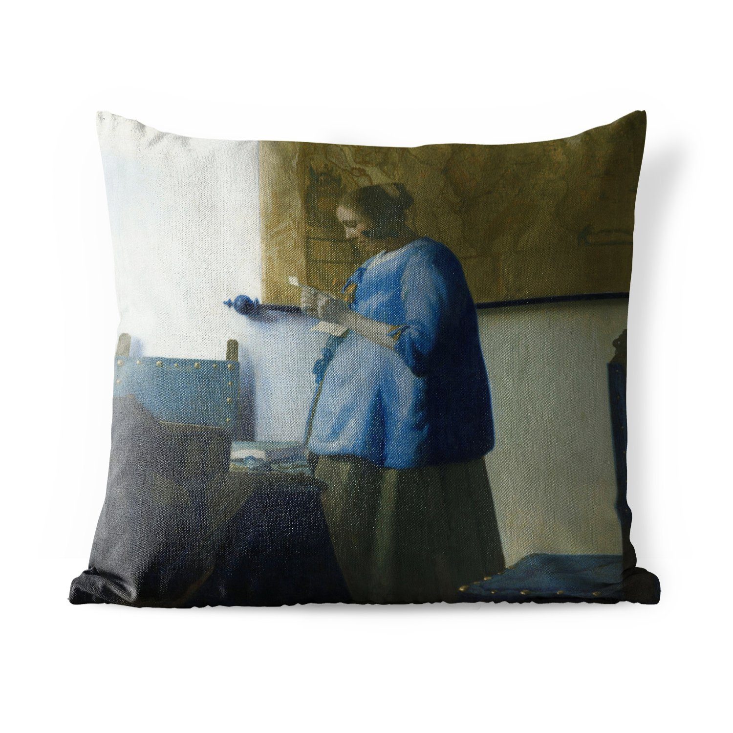 Kissenhülle, Brief Dekokissen Dekokissenbezug, Johannes Dekokissen, - Blau Outdoor Frau Kissenbezüge, liest einen MuchoWow in Gemälde Vermeer, von