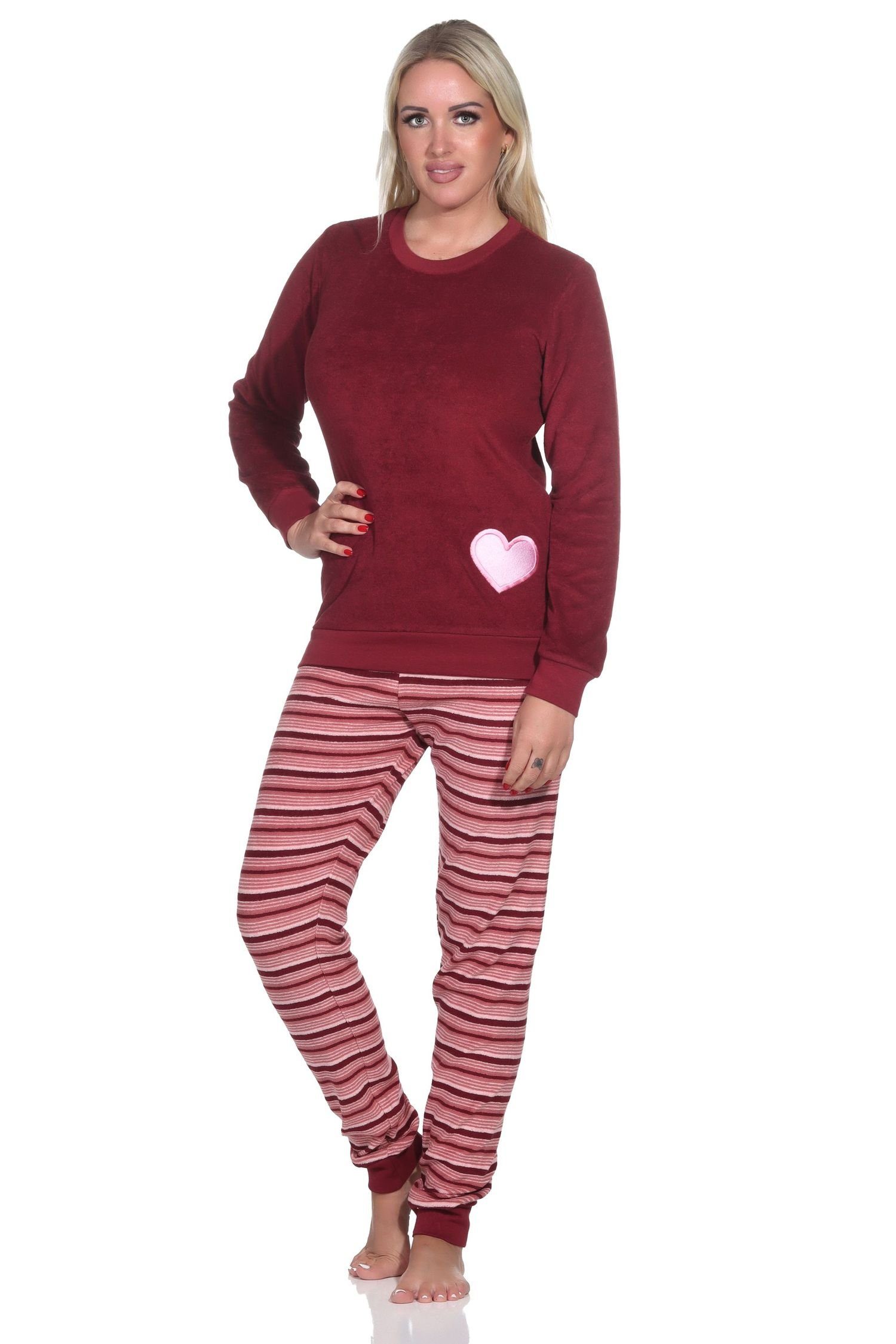 und Damen Frottee mit Schlafanzug Bündchen Normann Herz-Motiv Pyjama Wunderschöner