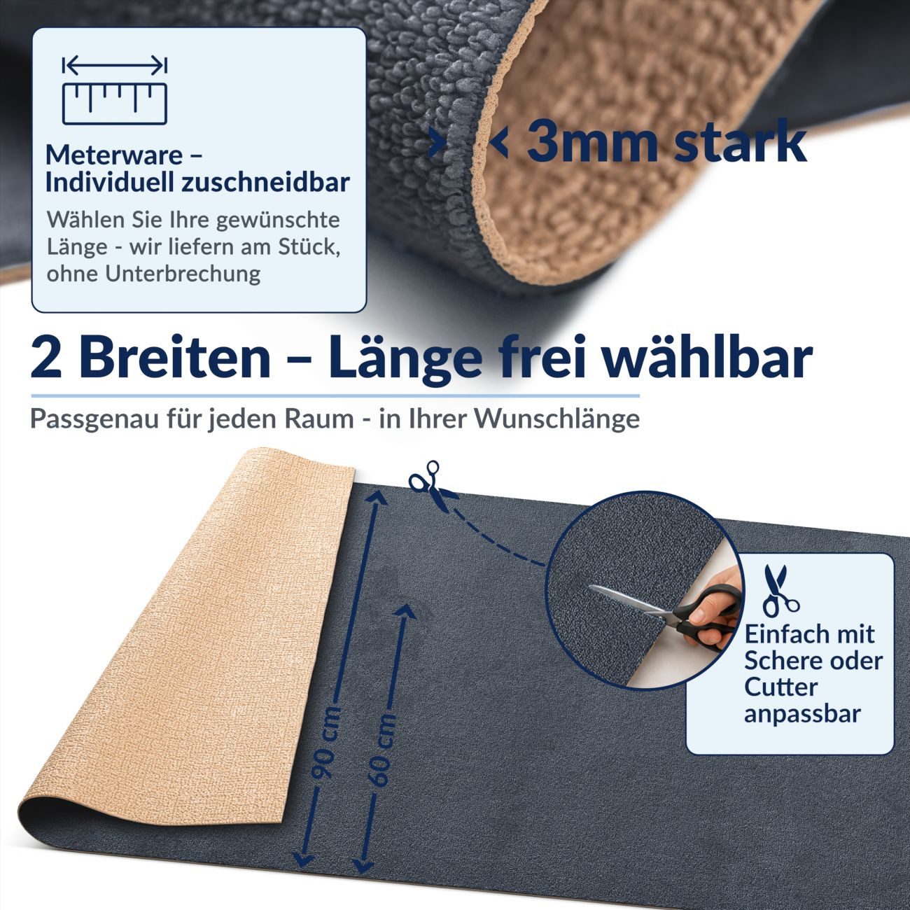 ANRO Küchenläufer HomeLoop Meterware Mikrofaser Küchenmatte rutschhemmender Rücken, Rechteckig, Höhe: 3 mm, saugstark zuschneidbar Größe: 100x60cm Anthrazit