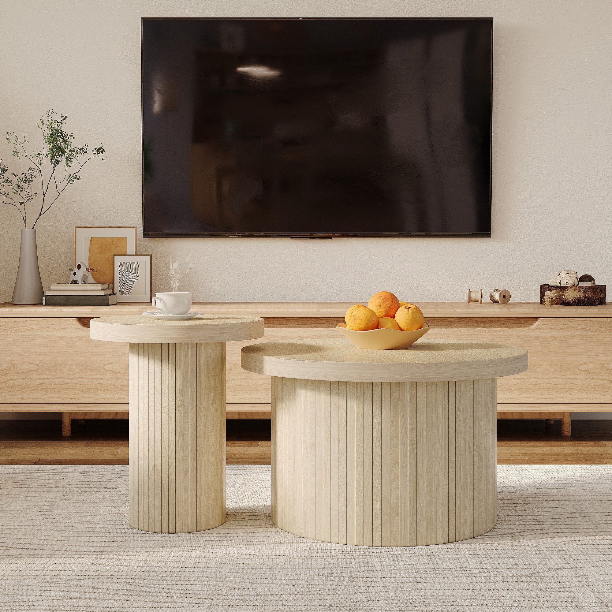 IDEASY Couchtisch (2 St) Rustikaler Couchtisch mit Naturholzlatten Runder Beistelltisch, Wohnzimmertisch, Naturholzmaserung, 66 x 66 x 40 + 40 x 40 x 46 cm