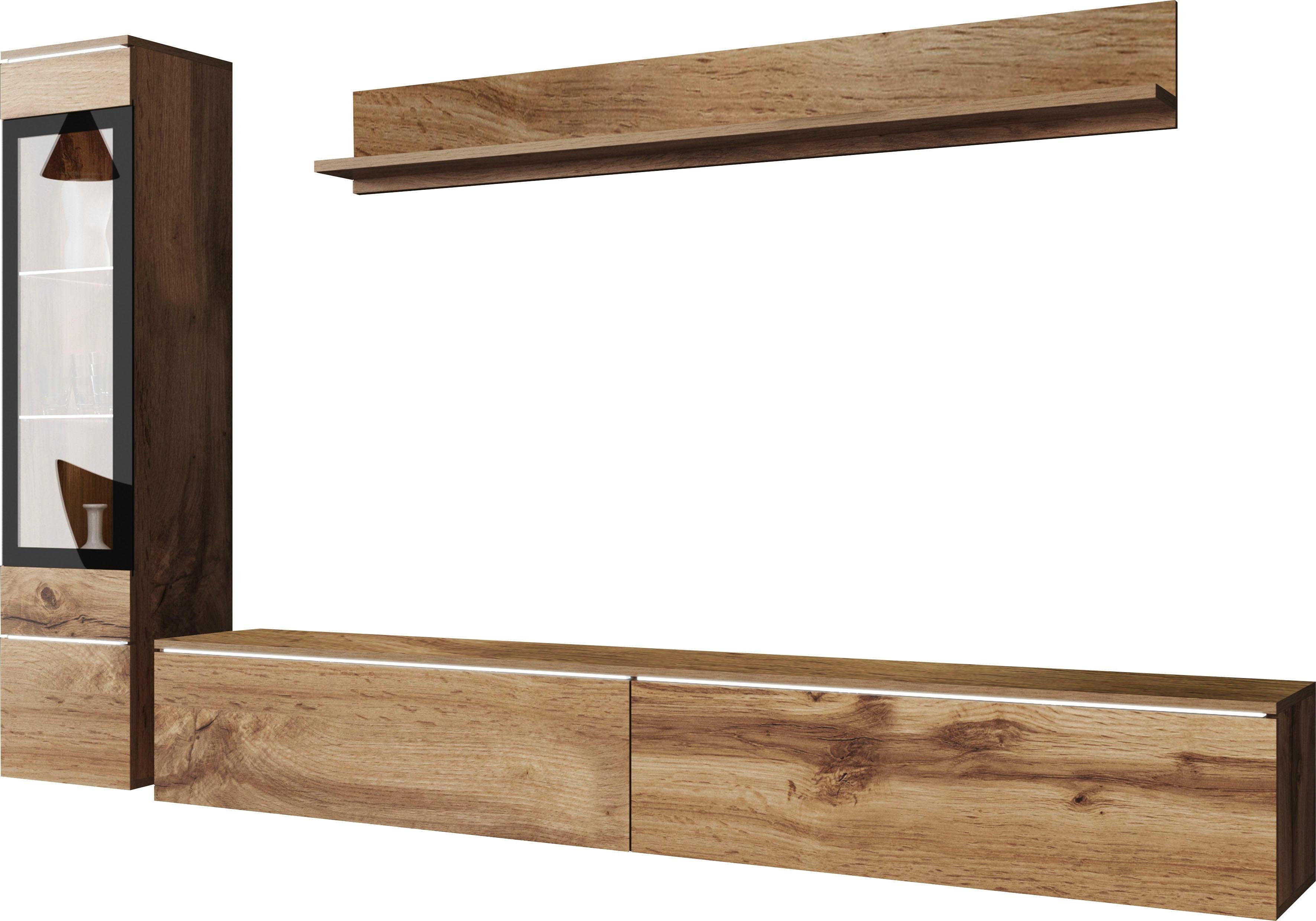 Home affaire Wohnwand VERA I, Vitrinen Türanschlag links/rechts wechselbar, (Komplett-Set, 3-St), Mediawand 230 cm, Vitrine mit Verglasung, stehend und hängend