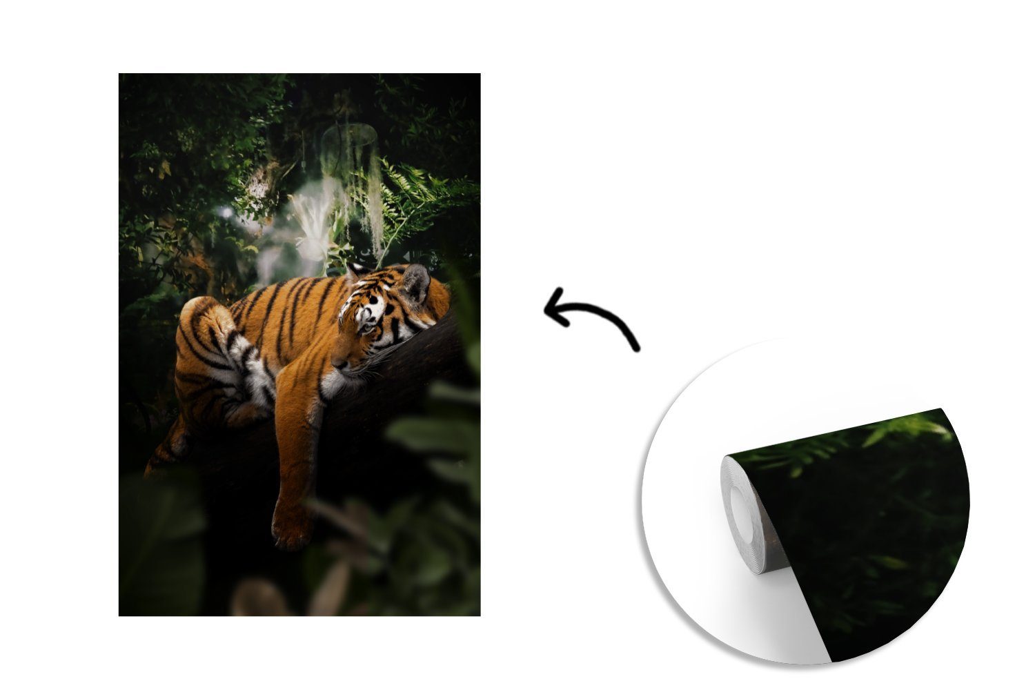 MuchoWow Fototapete Tiger - Dschungel Wohnzimmer, Montagefertig Wandtapete Tapete (3 bedruckt, für - Vinyl Baum, St), Matt