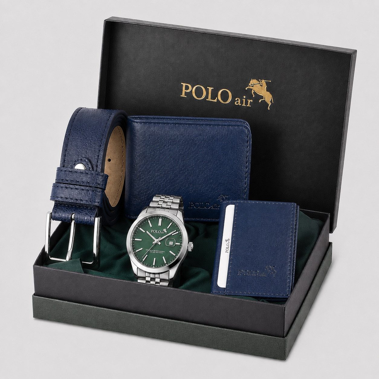Jungengel Geschenkbox Polo Air Emerald Herren Armbanduhr Geldbörse Gürtel Kartenetui (Geschenkset, 5 St., 5-teilig: Herrenuhr, Geldbörse, Kartenetui und Gürtel+Geschenkbox), 5-Teiliges Set, grünes Zifferblatt, abgestimmte Accessoires