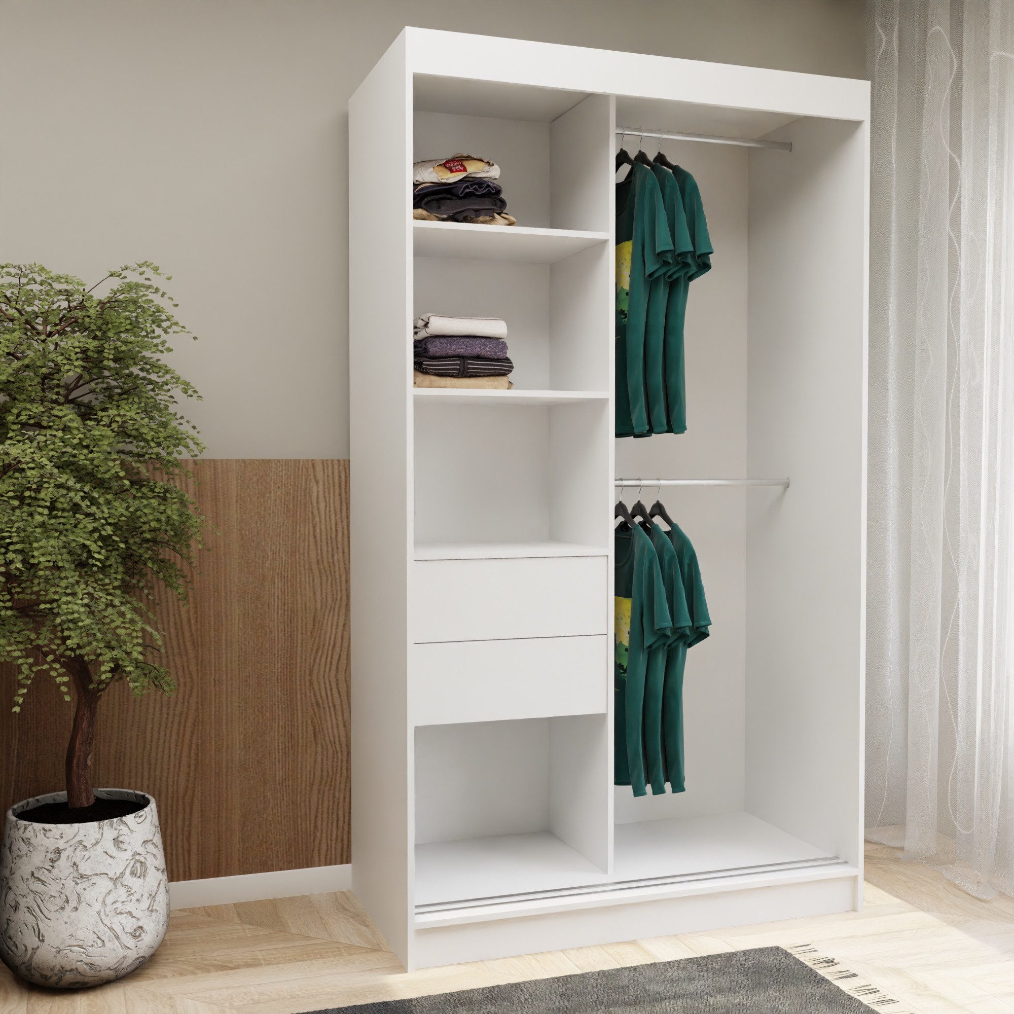 Masseno Schwebetürenschrank ELEGANZA 120 cm Kleiderschrank weiß 2 Türen und 2 Schubladen