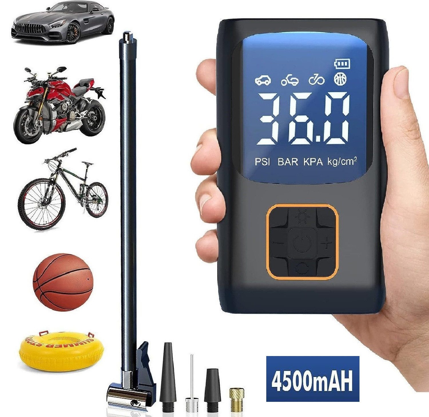 Luftpumpe 4500mAh Elektrische Luftpumpe, 150PSI Fahrradpumpe mit LED Licht, akku