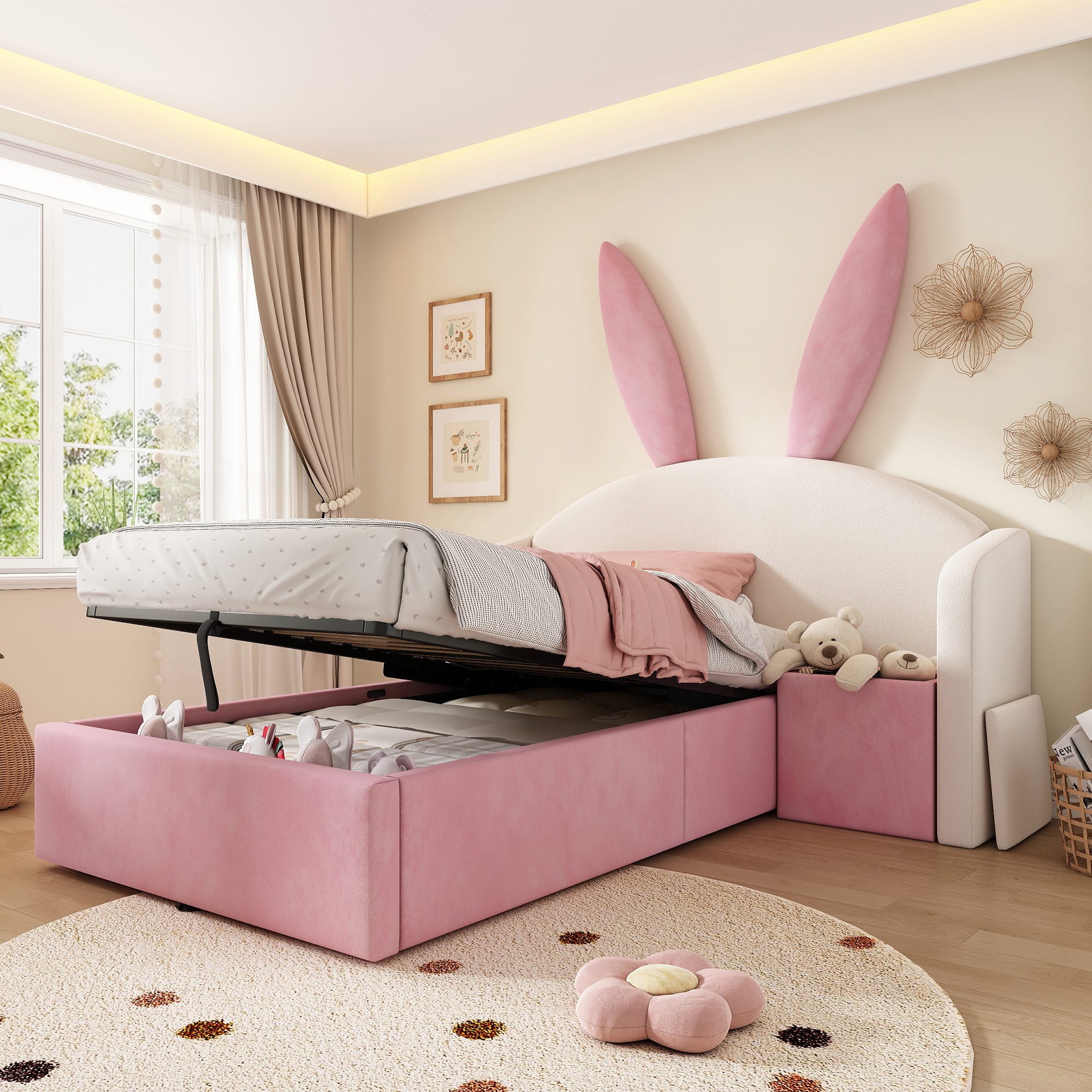 Odikalo Polsterbett Kinderbett Einzelbett 90×190/200 Stauraumbett mit Stauraum (mit Hasenohren-Kopfteil Kinderbett mit Hydraulischem Stauraum & Nachttisch Samt Softbett (Ohne Matratze)