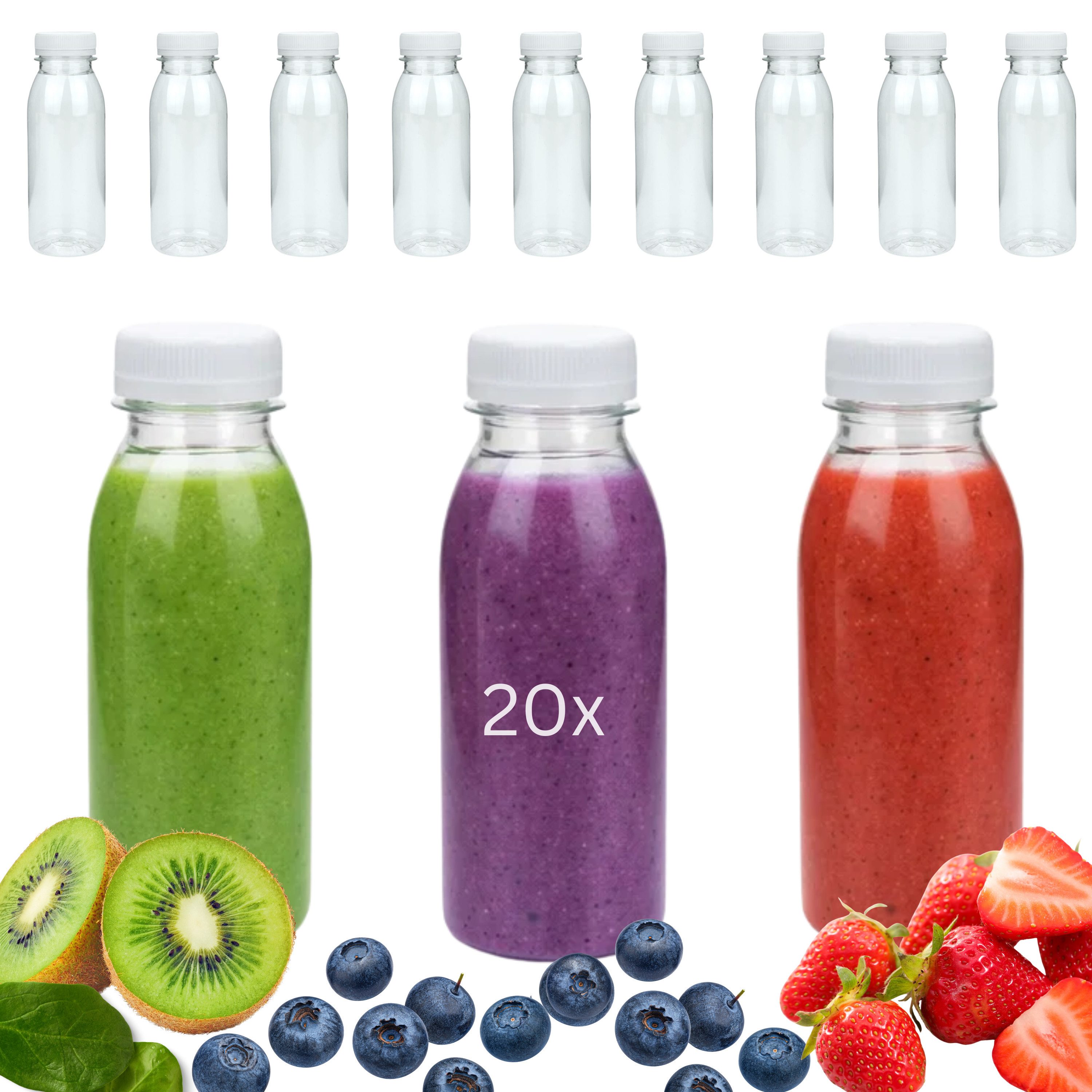 mikken Trinkflasche PET Getränkeflasche 250 ml Plastikflasche mit Deckel, perfekt für Smoothies, große Öffnung
