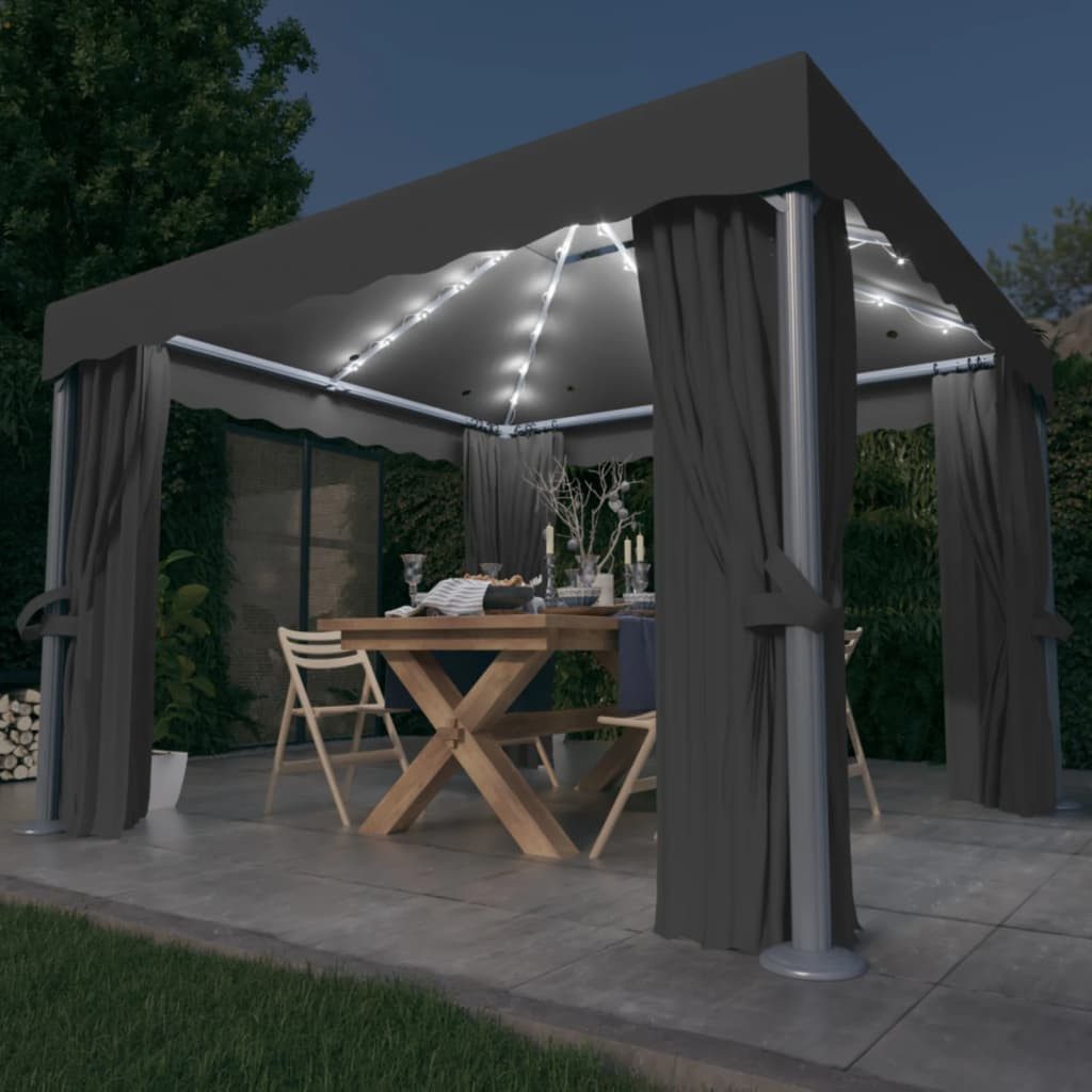 vidaXL Pavillon, Pavillon mit Vorhängen & LED-Lichterkette 3x3 m Anthrazit