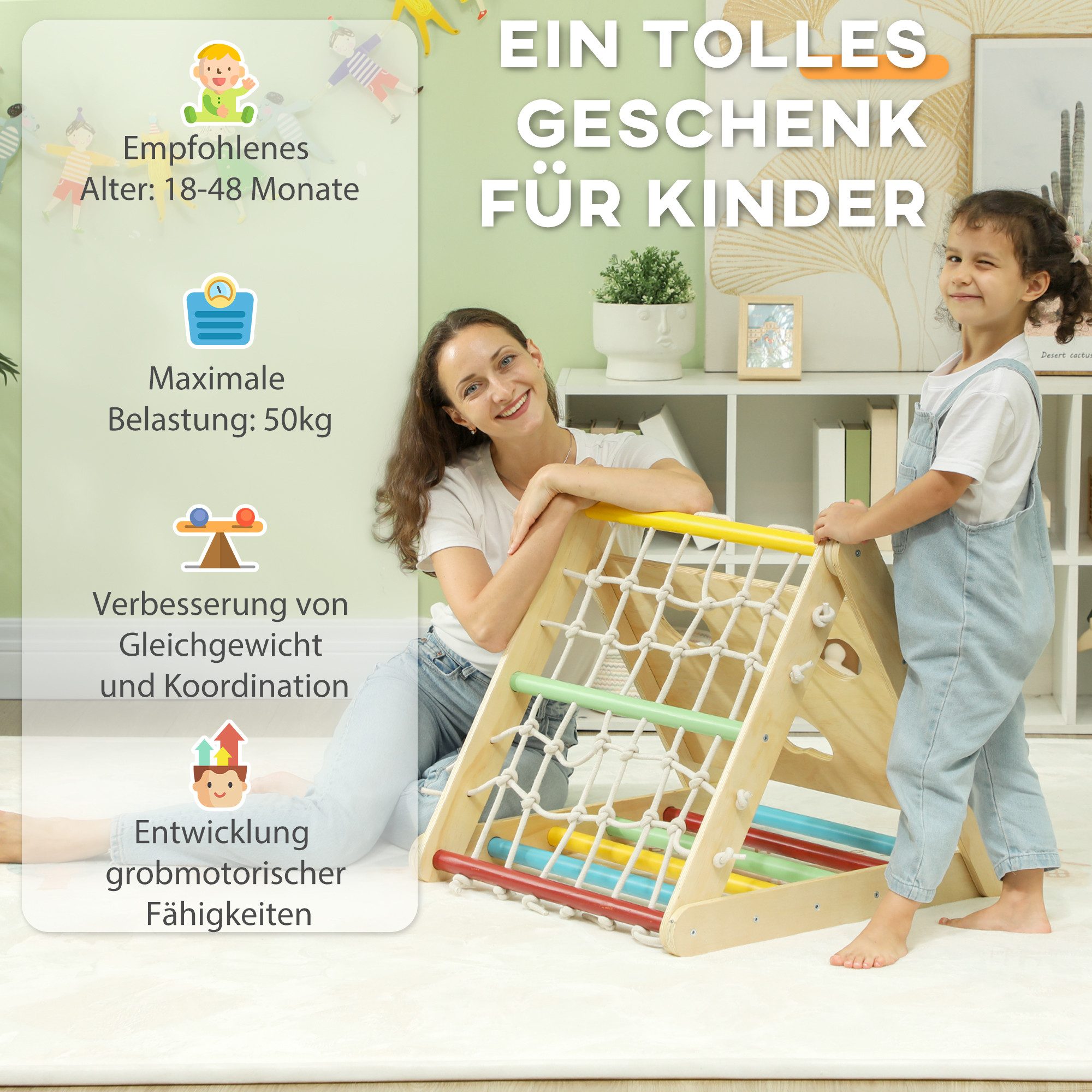 AIYAPLAY Klettergerüst 4 in 1 Set mit Rutsche, aus Holz, (Kletterspielzeug, 2-St., Kletterdreieck zum Rutschen und Klettern), für Kinder 1,5-4 Jahre, Indoor, Mehrfarbig