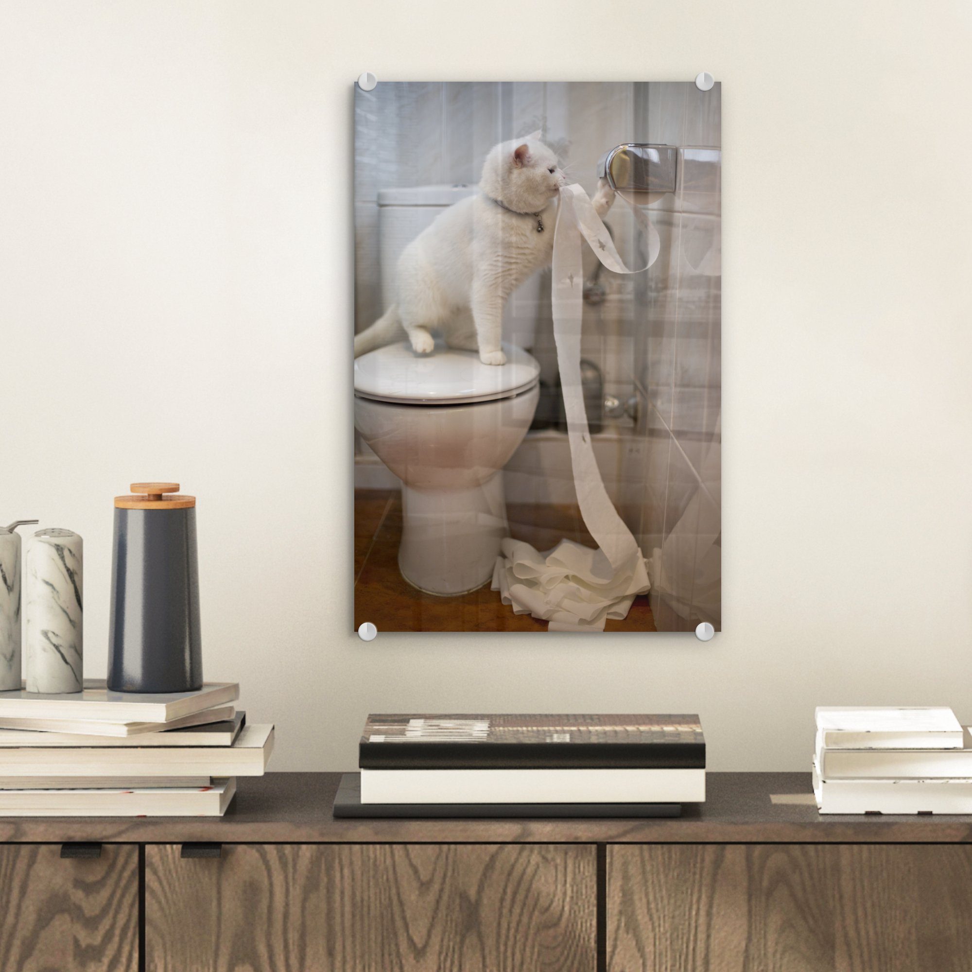 MuchoWow Acrylglasbild Katze spielt mit Toilettenpapier, Inkl. Aufhängung, günstig online kaufen