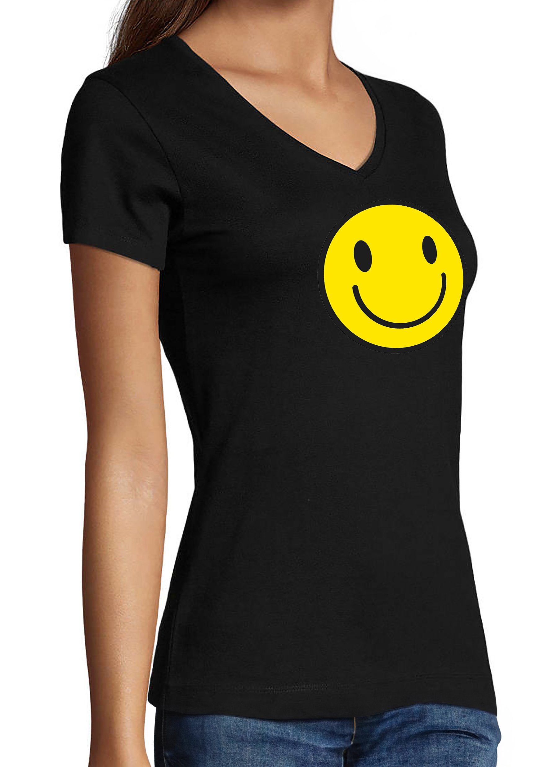 MyDesign24 T-Shirt - Smiley Print Lächelnder schwarz Fit, Shirt V-Ausschnitt mit Slim Damen i281 Aufdruck Smiley Baumwollshirt