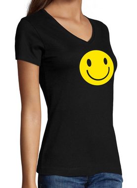 MyDesign24 T-Shirt Damen Smiley Print Shirt - Lächelnder Smiley V-Ausschnitt Baumwollshirt mit Aufdruck Slim Fit, i281