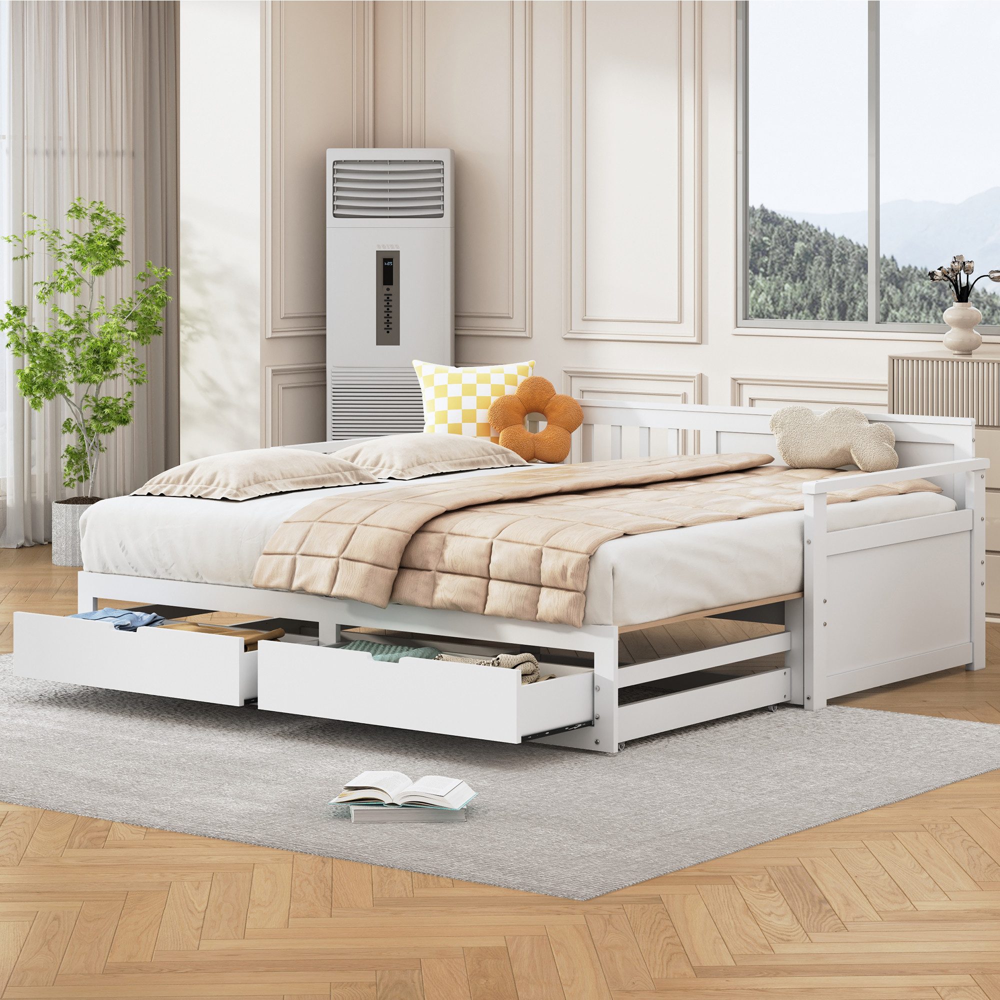 STILVORA Schlafsofa 90/180×190 mit Ausziehbett,Tagesbett Daybett mit Schubladen,Weiß, Multifunktionales Zwei-in-Eins-Tagesbett 90 x 190 cm/180 x190 cm, ohne Matratze