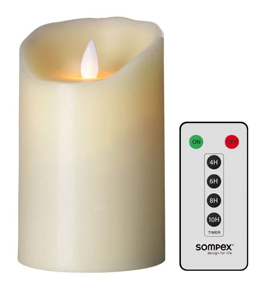 SOMPEX LED-Kerze Flame LED Kerze elfenbein 12,5cm mit Fernbedienung (Set,  2-tlg., 1 Kerze, Höhe 12,5cm, Durchmesser 8cm, 1 Fernbedienung),  fernbedienbar, integrierter Timer, Echtwachs, täuschend echtes Kerzenlicht,  optimales Set für den Adventskranz