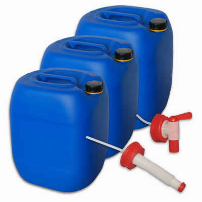 Plasteo Kanister plasteo Set 3 x 30 L Getränke- Wasserkanister mit 1 Hahn + 1 Ausgießer, 3 Kanister + Hahn + Ausgießer