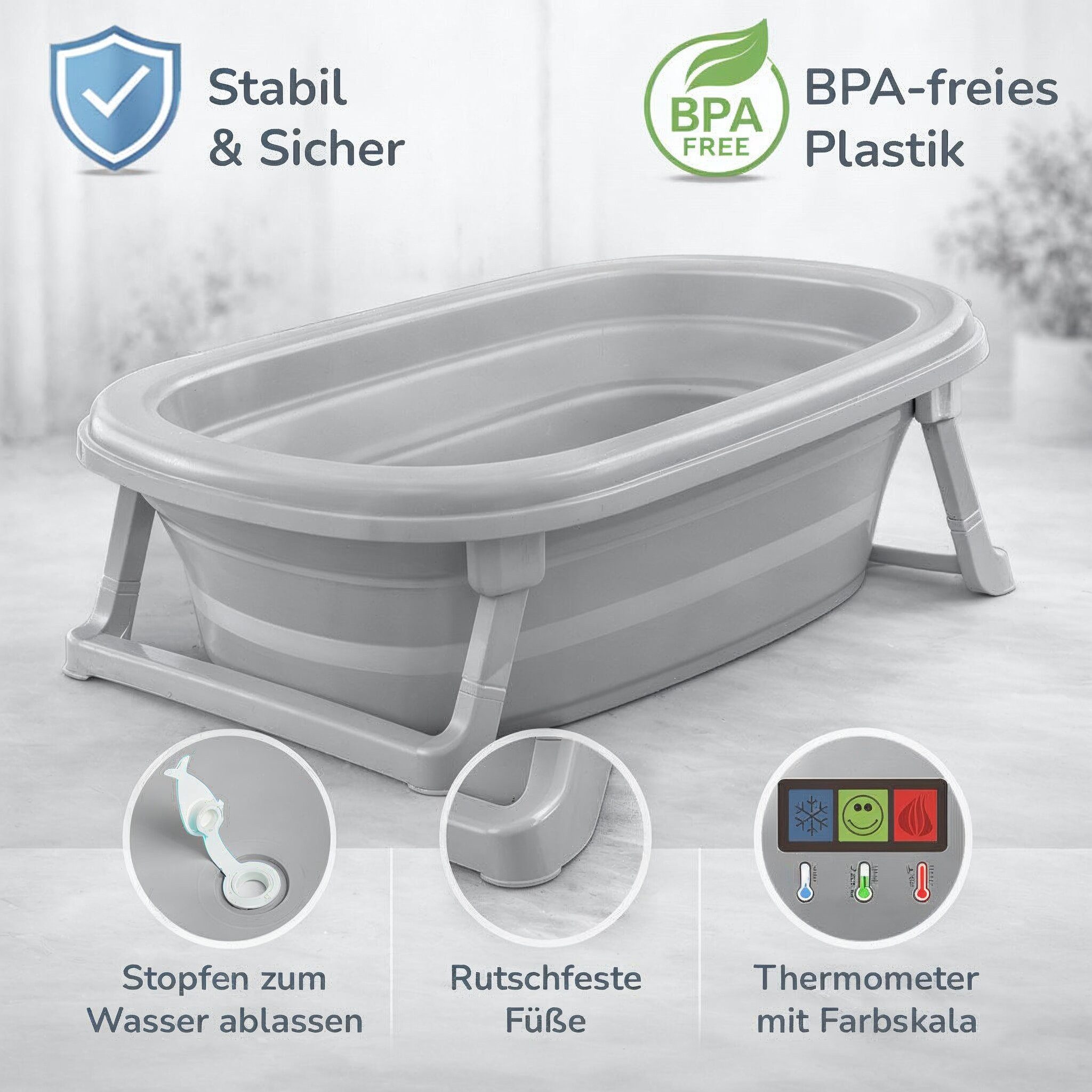 Babykajo Babybadewanne, (1-tlg), Faltbare Babybadewanne mit integriertem Thermometer und Abfluss