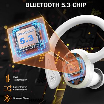 Rulefiss Kabellos Bluetooth 5.3 Sport LED Anzeige IP7 Wasserdicht mit 800mAh In-Ear-Kopfhörer (Kristallklare Anrufe dank integrierter Mikrofone und ENC-Technologie., Bluetooth, mit HD Mic, 48Std Hi-Fi Stereo, 14.2 mm Treiber Ohrhörer, LED Anzeige)
