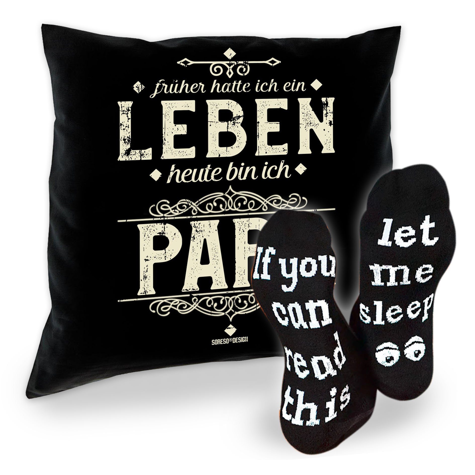 Soreso® Dekokissen Kissen Heute bin ich Papa & Sprüche Socken Sleep, Geschenke für Väter Geschenkidee schwarz